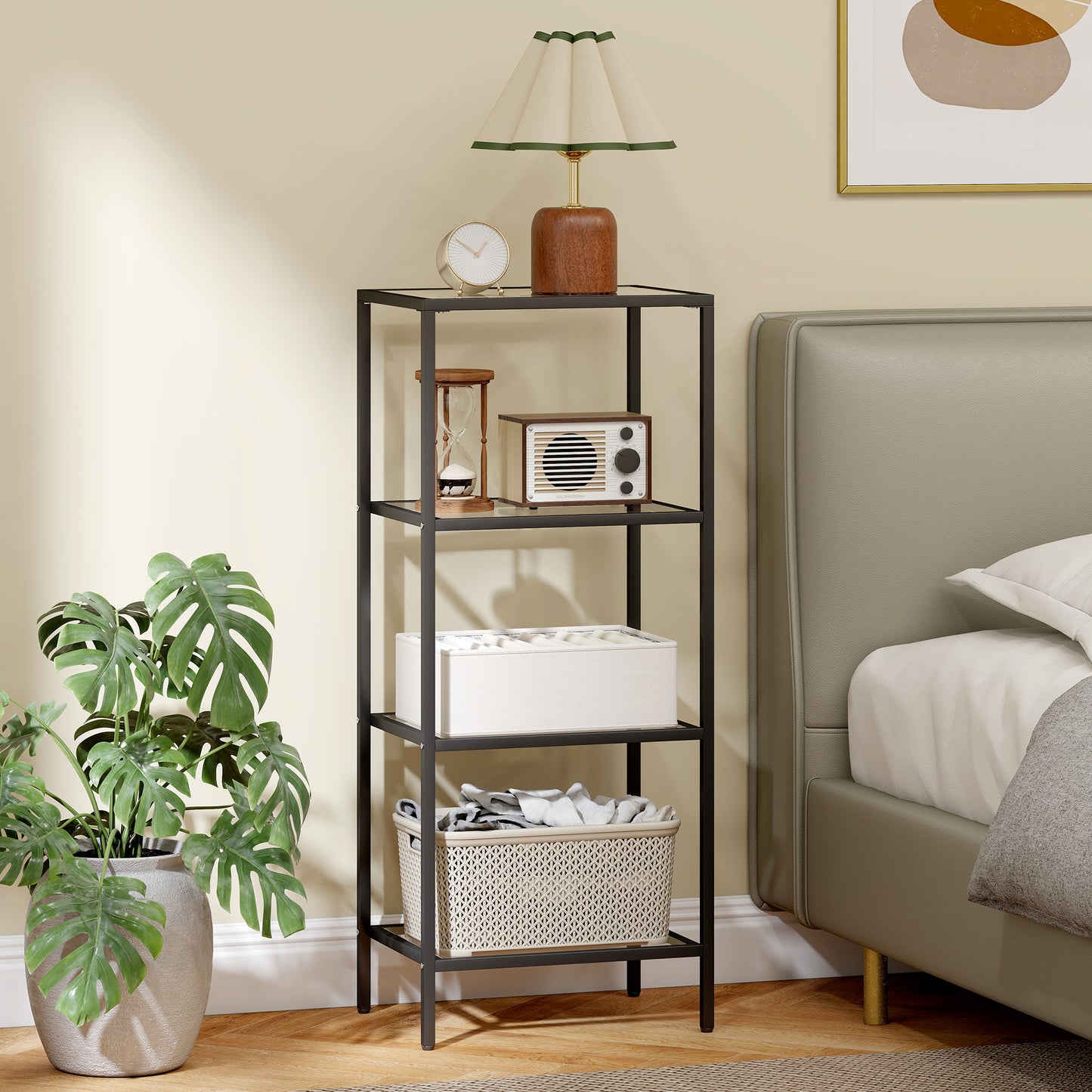 HOMCOM 4-Tier Glass Shelving Unit Vertical Storage For Living Room Home Office Bedroom Bathroom Black