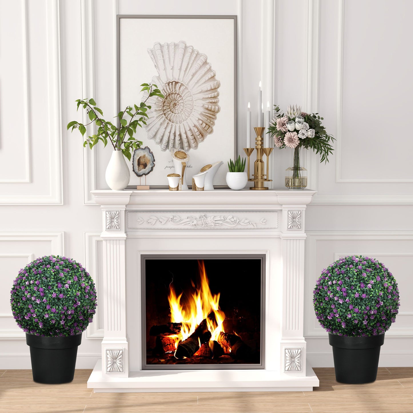 HOMCOM Set of Two Artificial Boxwood Balls Purple for Realistic Indoor Outdoor Decor