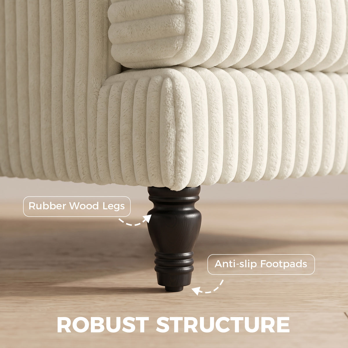 Cream corduroy armchair base with ribbed cushions and dark turned wooden legs with footpads