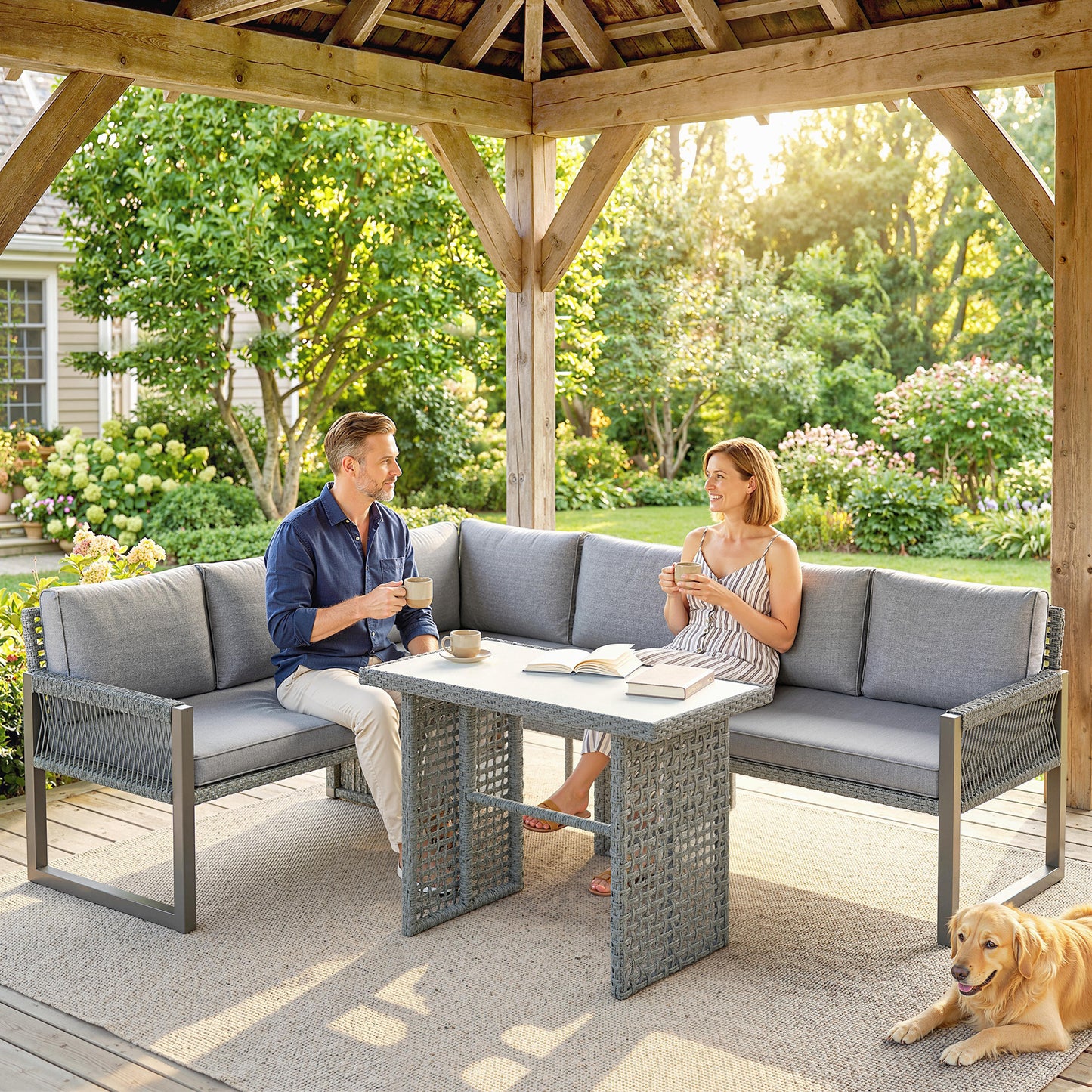 Outsunny 6 Seater Rattan Garden Furniture Corner Set With 3 Loveseats And Table Patio Grey