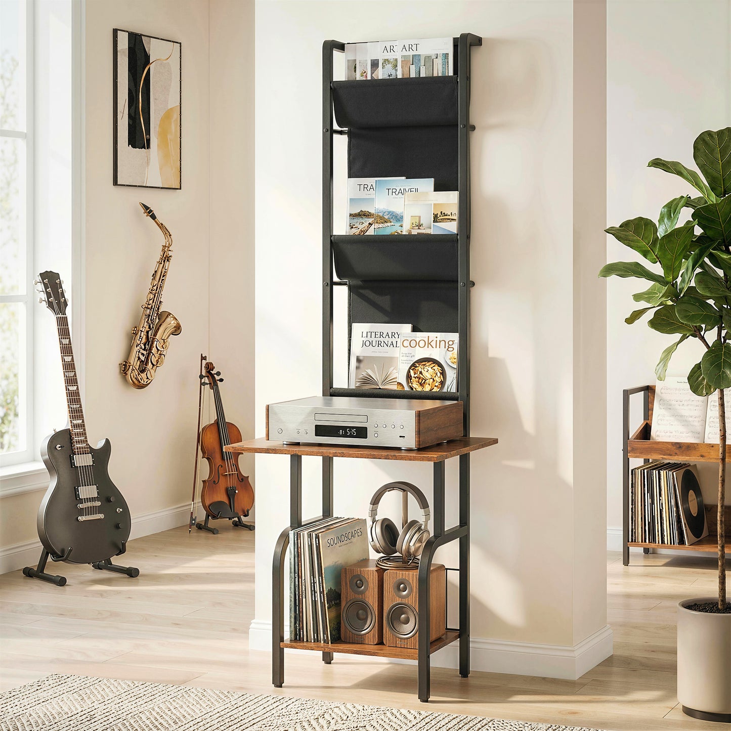 HOMCOM Vertical Vinyl Record Player Stand With Oxford Fabric Pockets Storage And Bottom Shelf Rustic Brown And Black