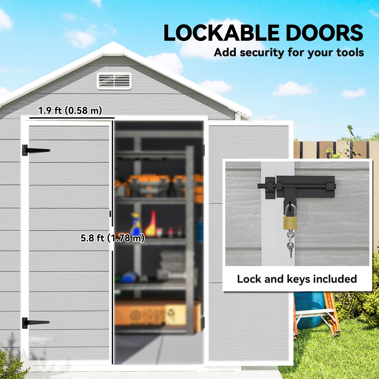 Outsunny 6 x 5ft Plastic Garden Shed With Floor Window Lockable Doors Vents Wood Effect Resin Tool Shed Light Grey