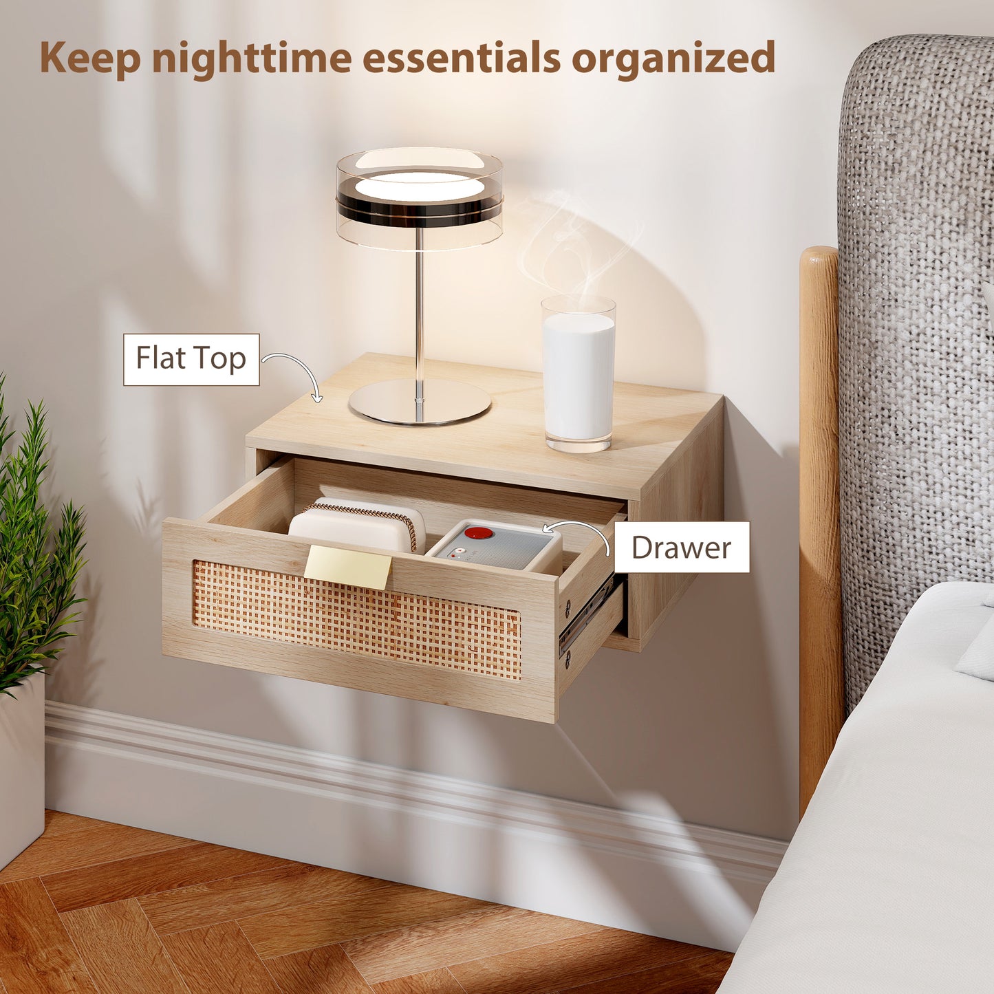 HOMCOM Floating Bedside Tables Set Of 2 Wall Mounted Cabinets With Rattan Drawer And Oak Wood Effect