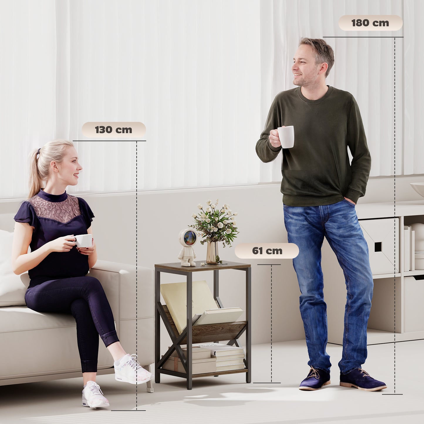 HOMCOM Narrow Side Table With 3 Tier Storage V Shaped Magazine Holder Oak Wood Effect Finish And Black Steel Frame