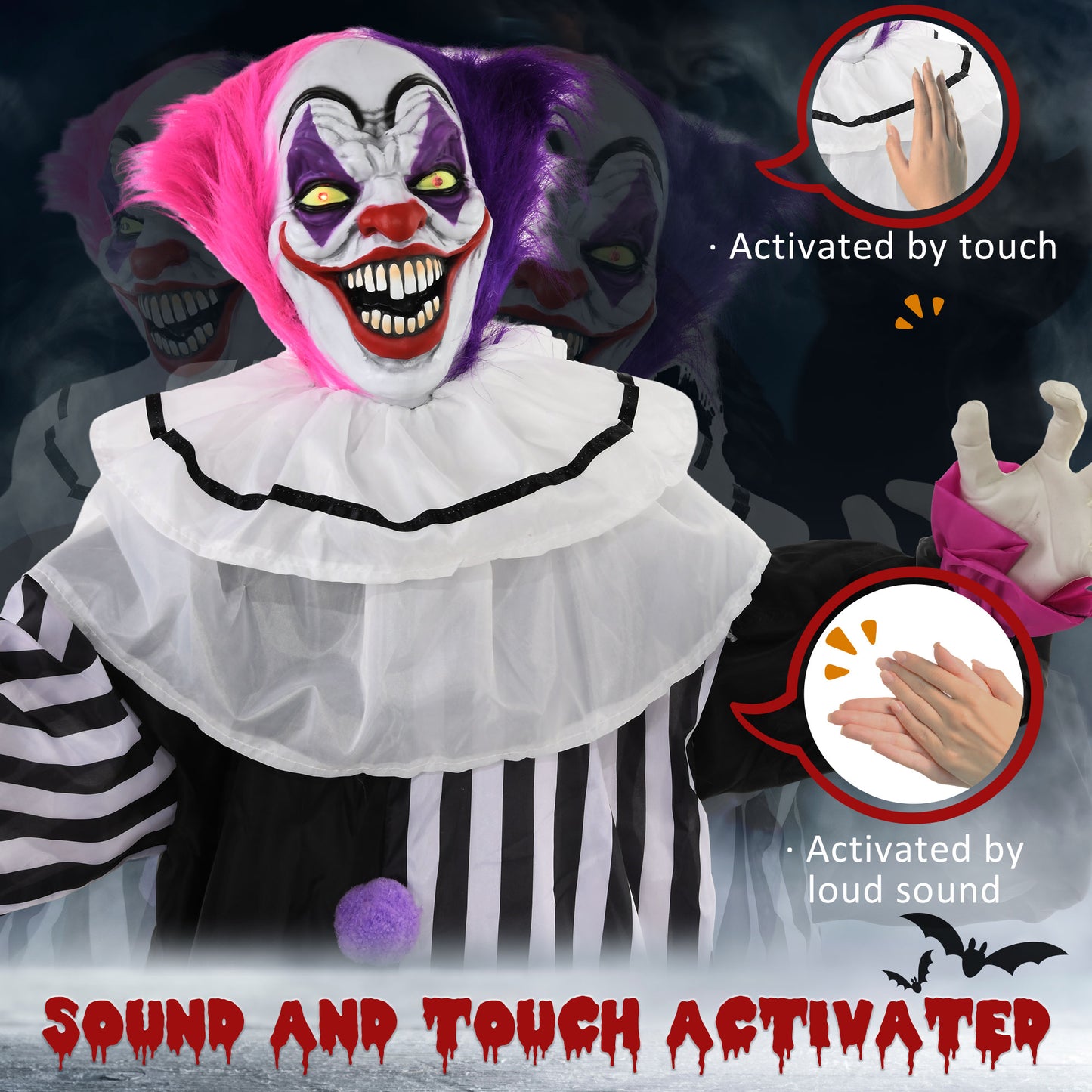 HOMCOM Sinister Laughing Clown Animated Halloween Decoration with Sound and Light Effects - 68" Outdoor Prop for Haunted Houses - ALL4U RETAILER LTD