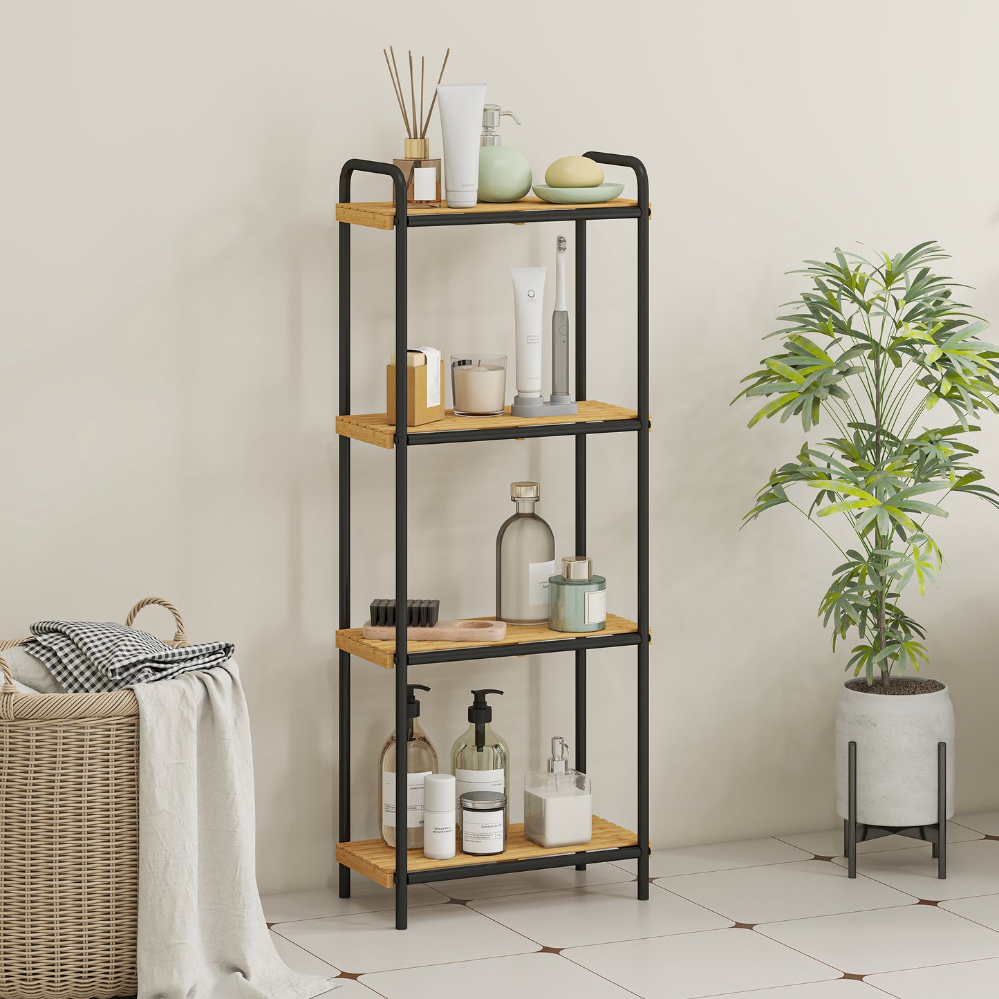 HOMCOM 4 Tier Bamboo Bathroom Storage Shelf Freestanding Narrow Shelving Unit With Slatted Shelves For Kitchen