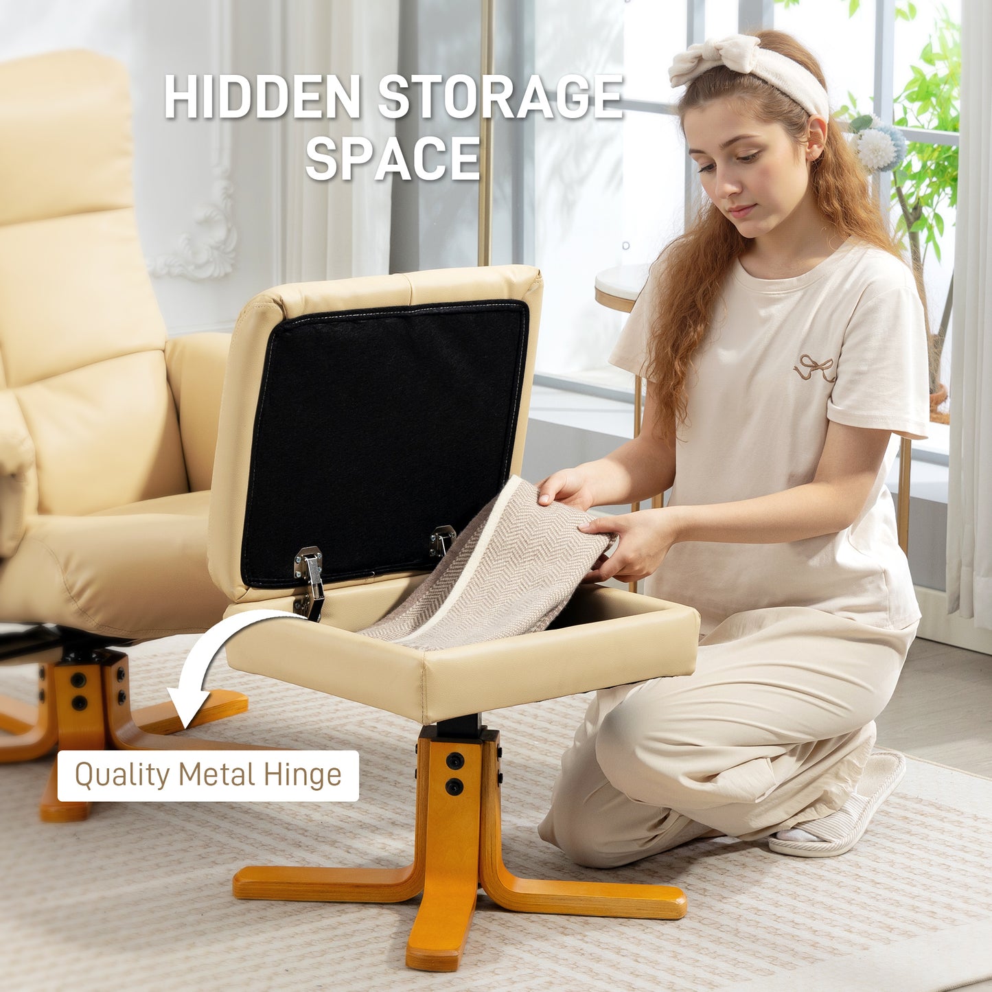HOMCOM PU Leather Swivel Recliner Chair In Beige With Wooden Base Footstool And Hidden Storage