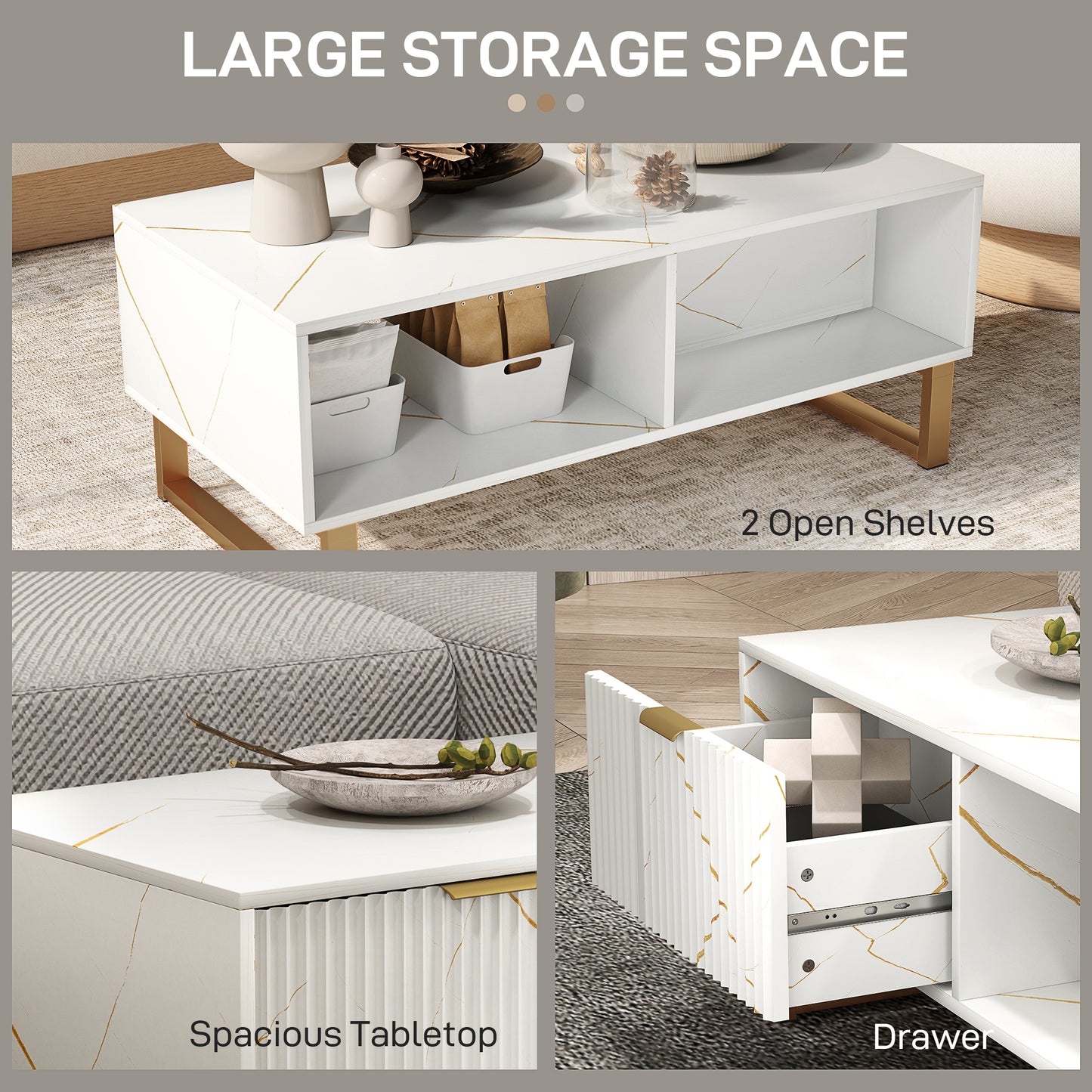 HOMCOM Marble Effect Storage Coffee Table White With Drawer And Shelves Steel Legs Modern Living Room