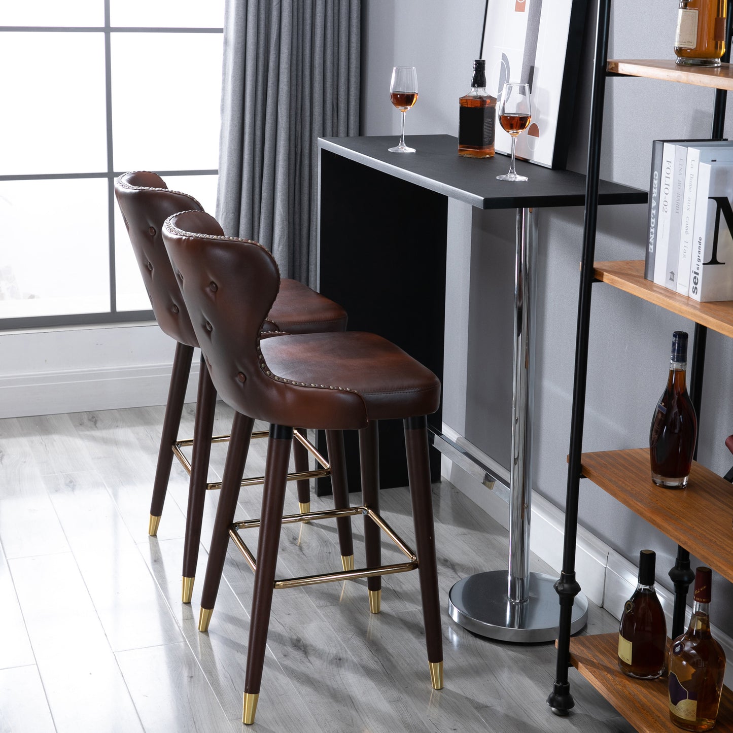 HOMCOM Set of 2 Elegant PU Leather Retro Bar Stools with Backrest - Brown and Gold Accents - ALL4U RETAILER LTD