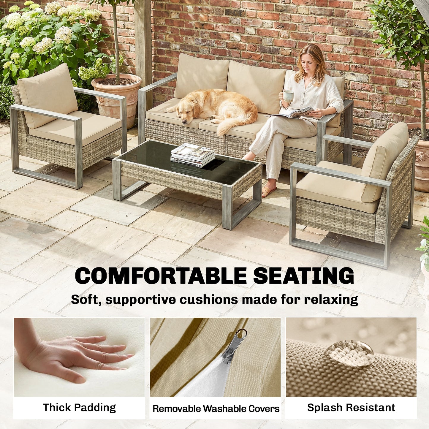 Outsunny 4 Piece Rattan Garden Furniture Set 3 Seater Sofa Armchairs Table Aluminium Frame Patio Conversation Khaki
