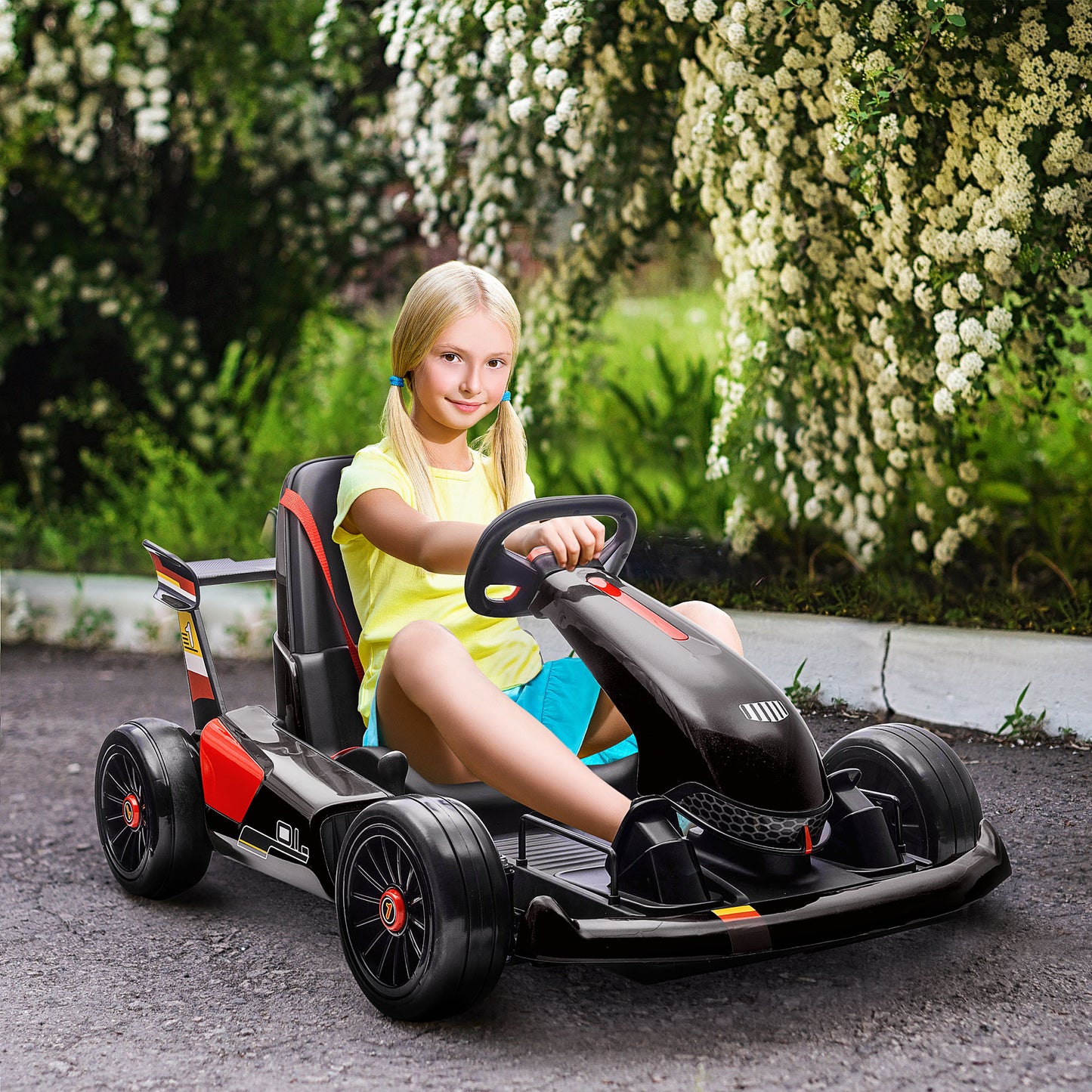 HOMCOM Kids Electric Racing Go Kart with Adjustable Footrest and Parental Remote Control, 12V Rechargeable Battery, Two Speed Modes, Black - ALL4U RETAILER LTD