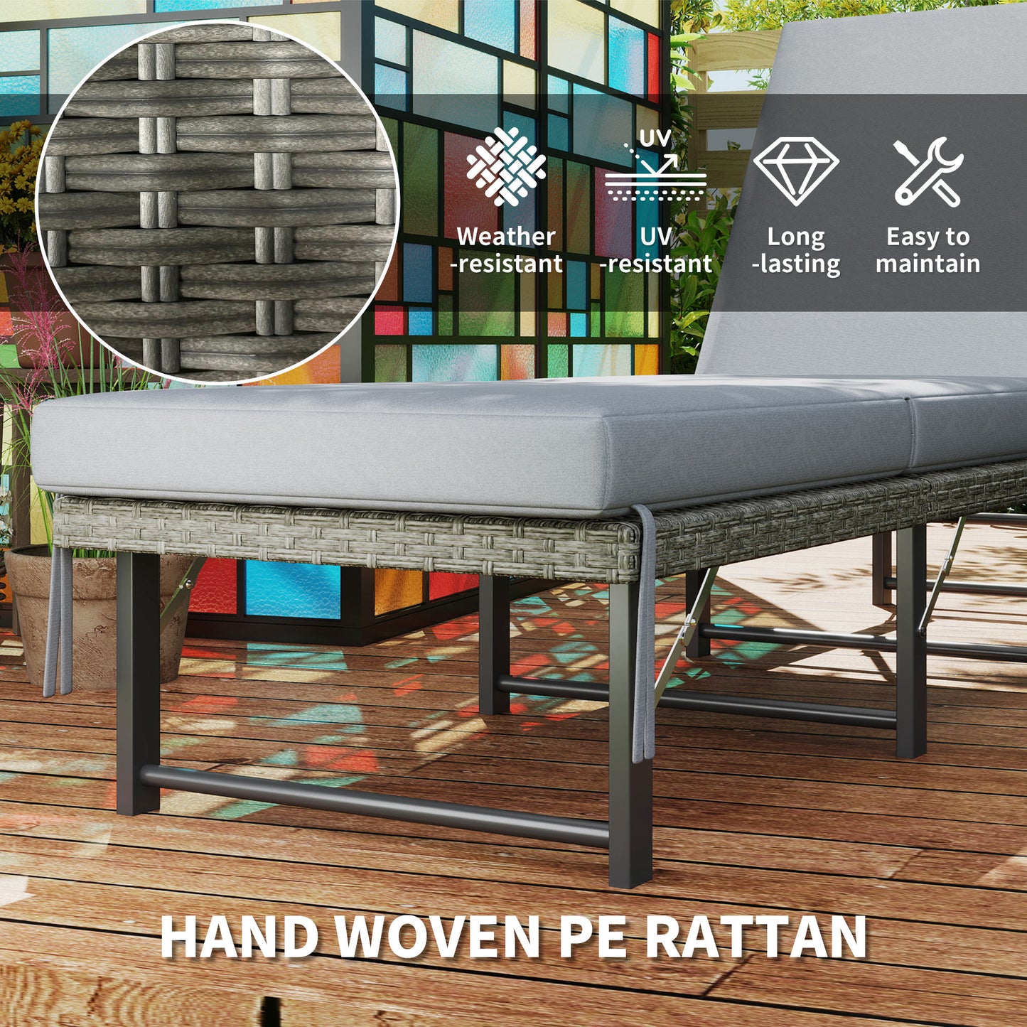 Outsunny Single Folding Rattan Sun Lounger With Cushion Grey Adjustable Back Six Position