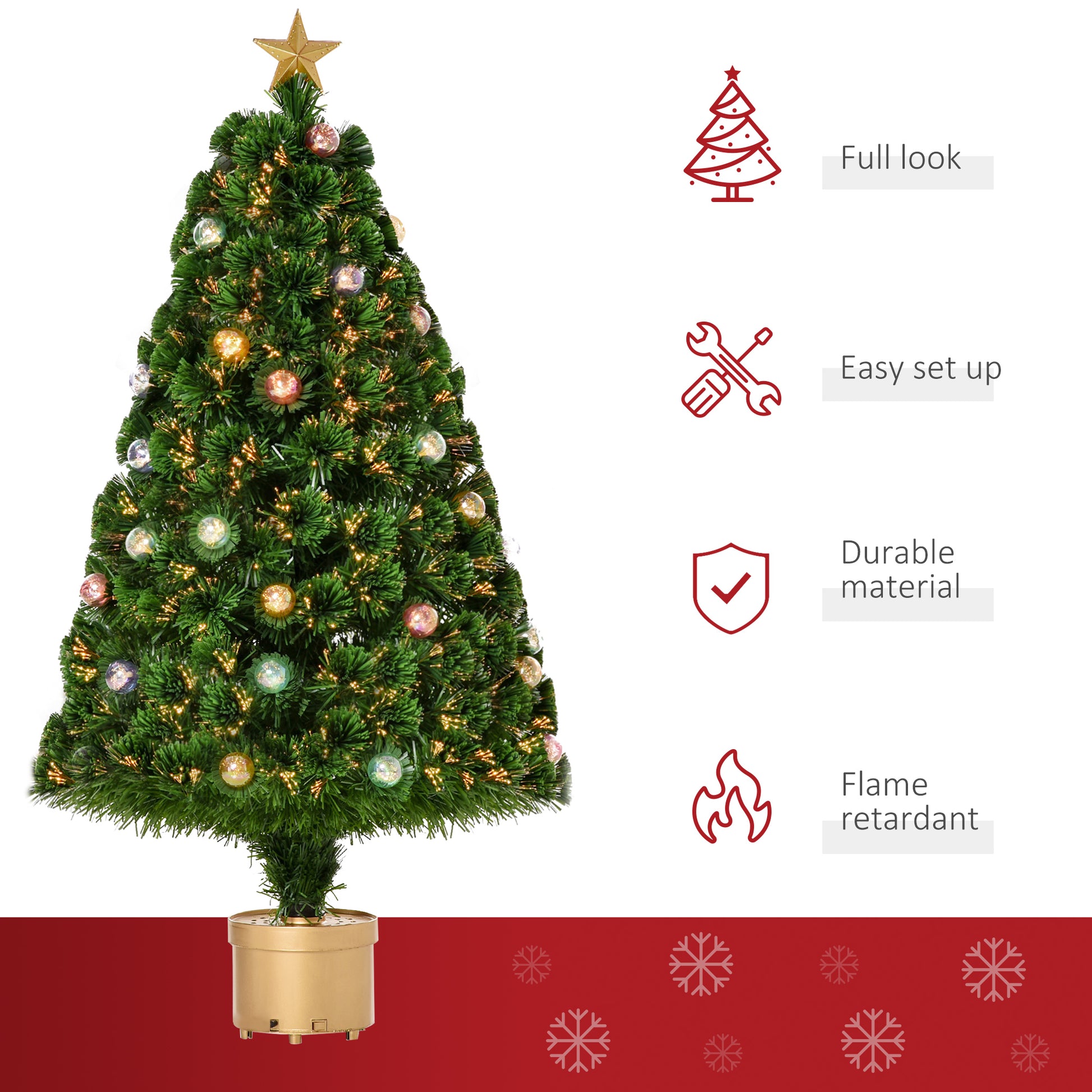 HOMCOM 4FT Illuminated Fiber Optic Christmas Tree with Golden Stand – Festive Indoor Holiday Decoration in Green - ALL4U RETAILER LTD