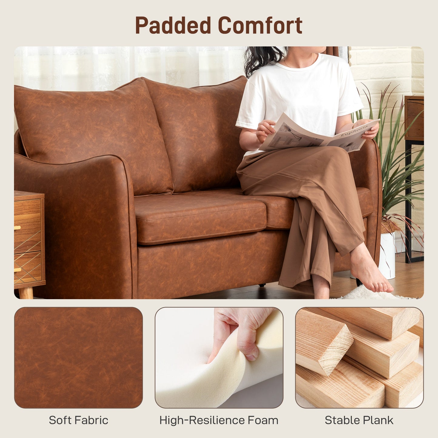 HOMCOM Faux Leather Marble Effect Two Seater Sofa Brown For Living Room Modern Comfort
