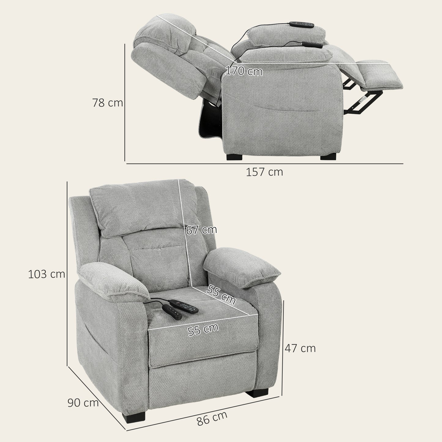 HOMCOM Power Recliner Armchair With Massage And Heat Electric Recliner Chair With Wide Spring Seat Light Grey