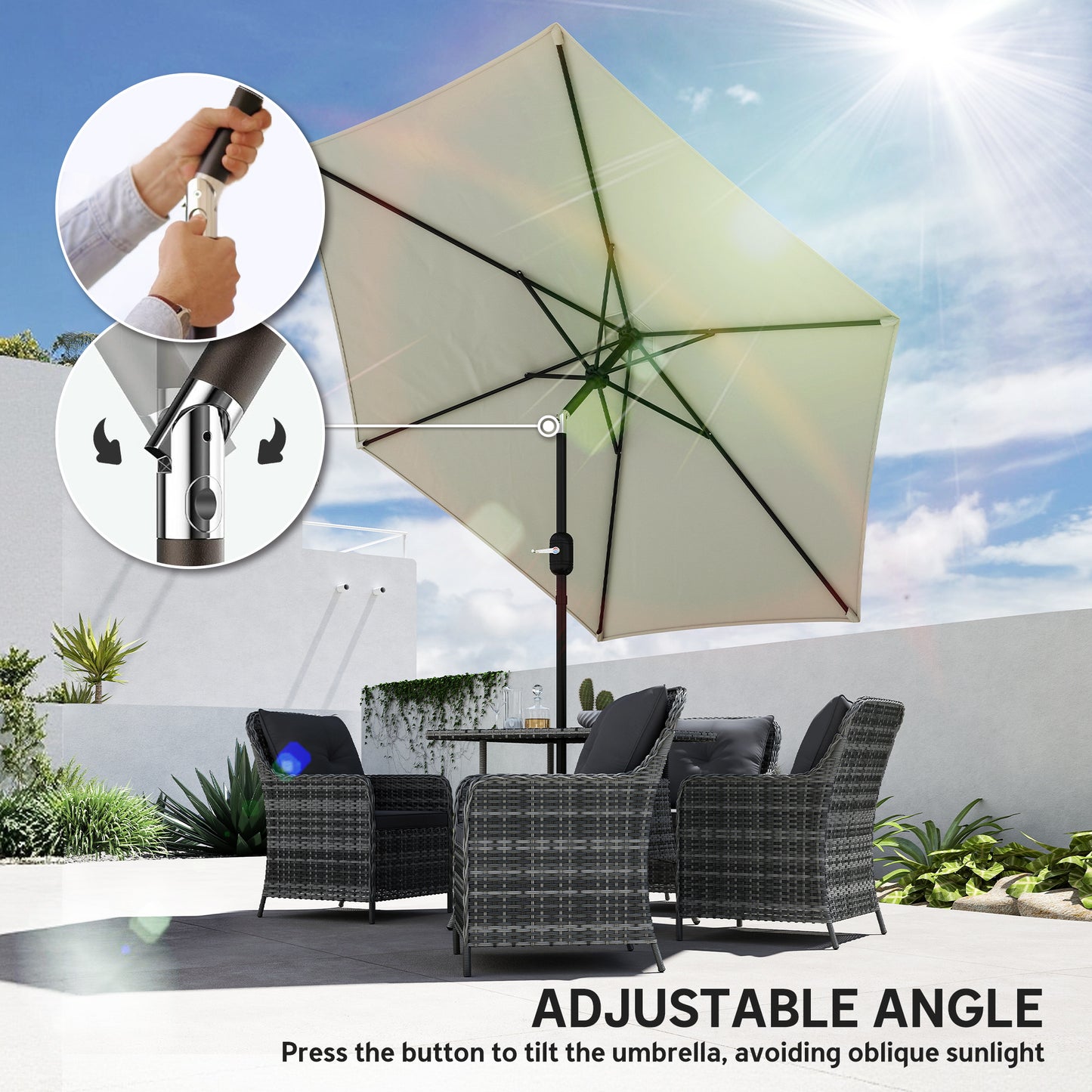 Outsunny 2.6m Garden Parasol Umbrella With Aluminium Pole Tilt Crank Vent Cream White