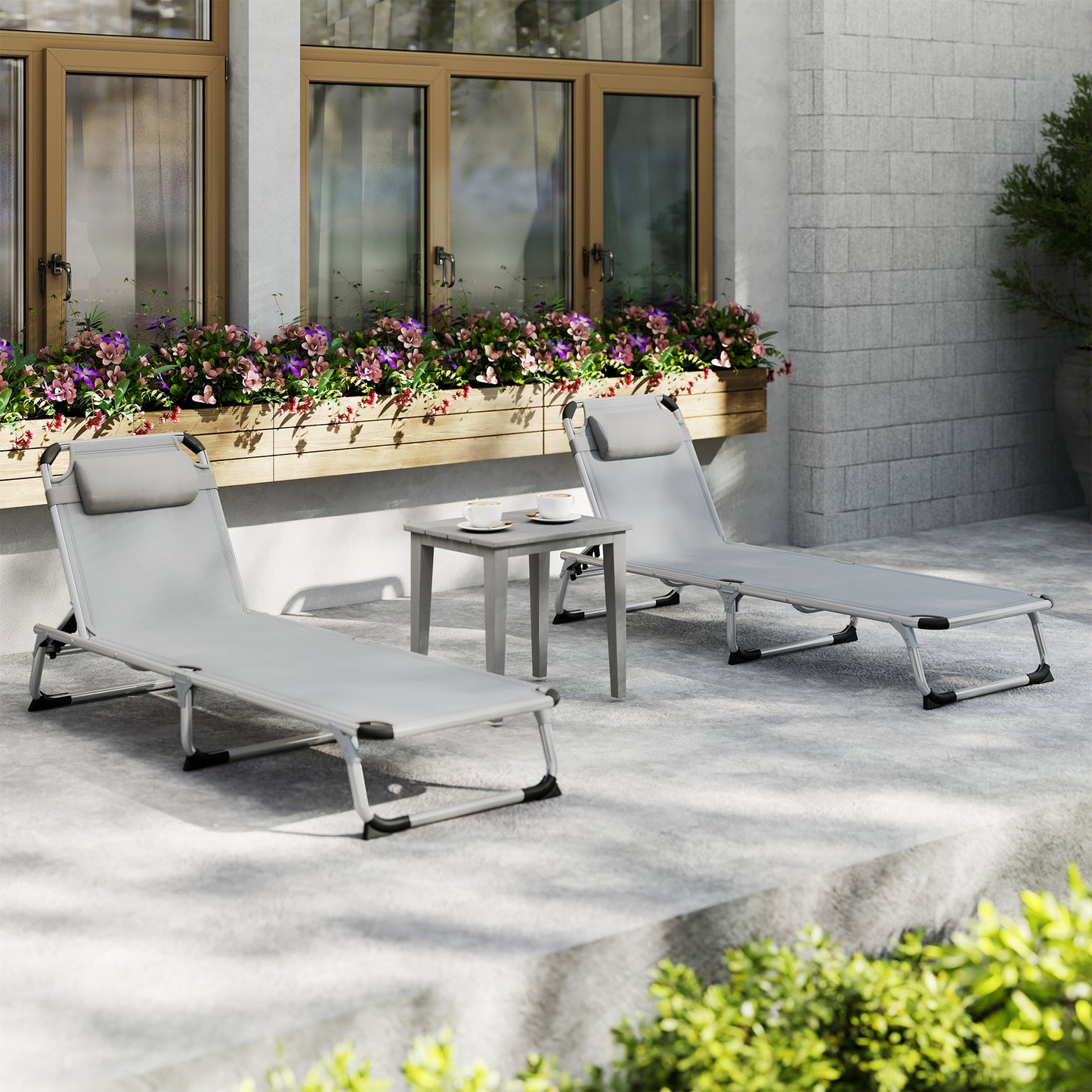 Outsunny Foldable Outdoor Sun Lounger Set Of 2 With Pillow 4 Level Adjustable Back Aluminium Frame Light Grey