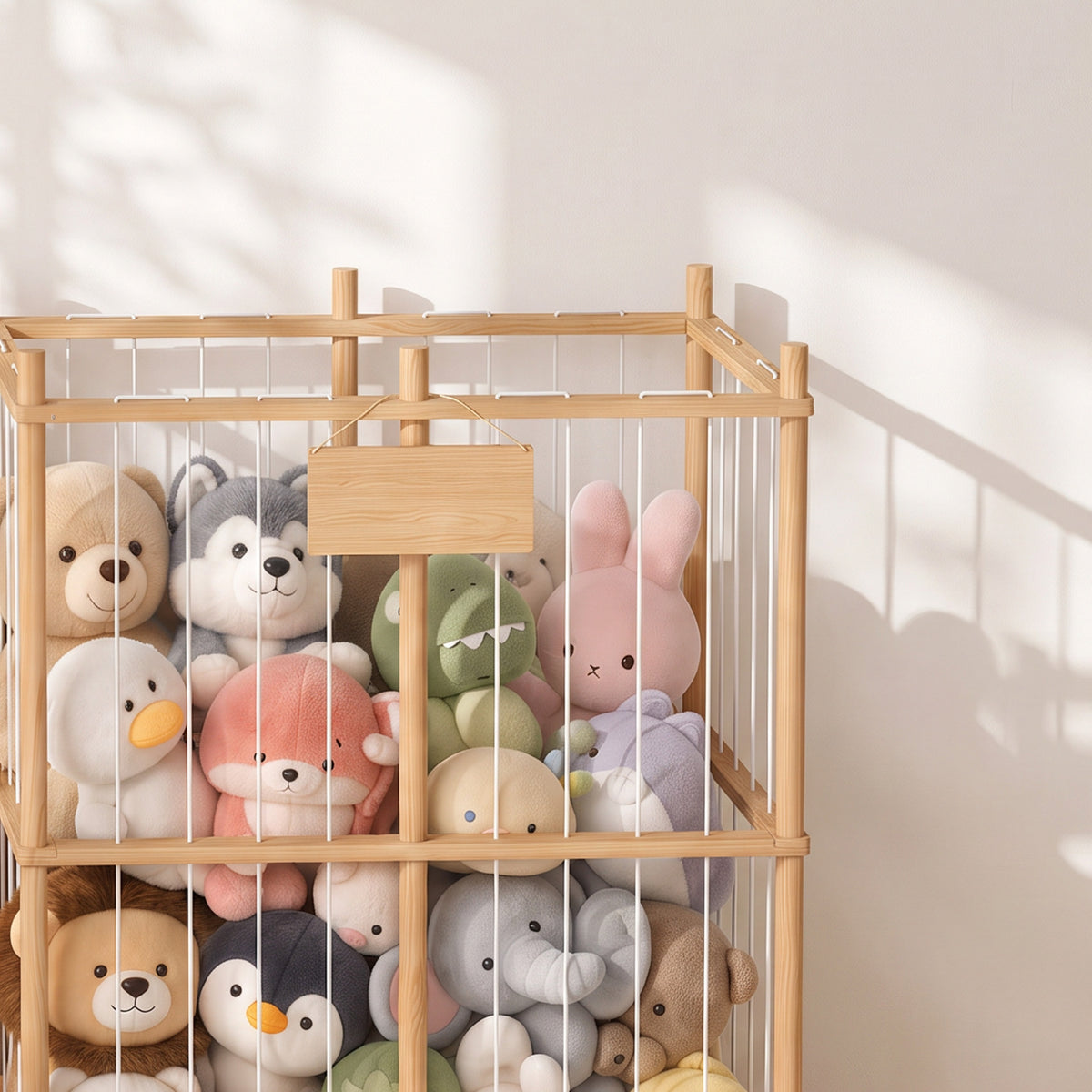 Wooden stuffed animal storage zoo organizer close view of open cage with plush toys