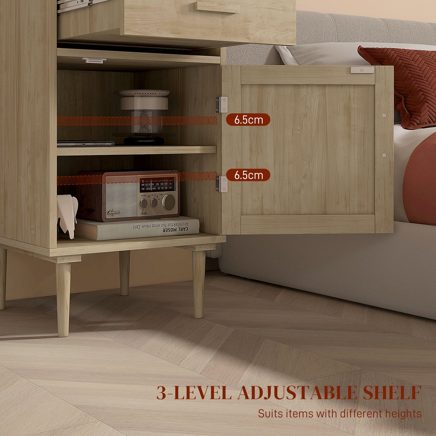 HOMCOM Two Bedside Tables Rattan With Drawer And Cabinet Adjustable Shelf Storage For Bedroom Living Room