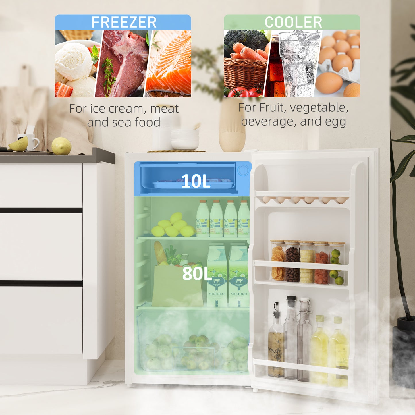 HOMCOM 91L Freestanding Under Counter Fridge With Lock White Compact Small Kitchen Home Office