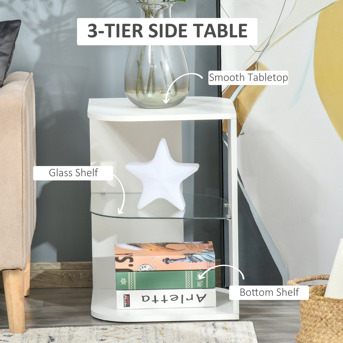 HOMCOM Modern Side Table Set of 2 Three Tier Bedside Nightstands With Storage Shelves White