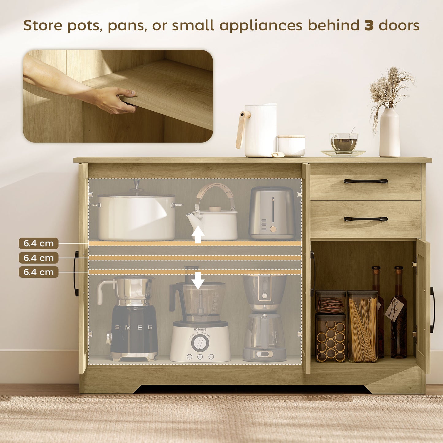 HOMCOM Sideboard With 2 Drawers And 3 Doors Modern Storage Cabinet With Adjustable Shelf Natural Finish