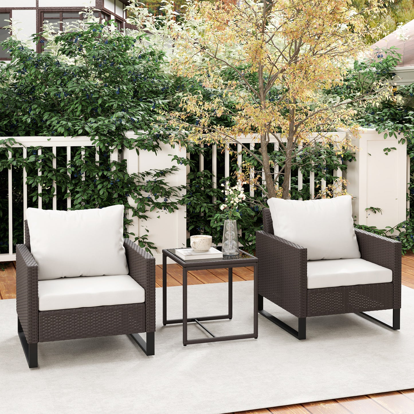 Outsunny 3 Piece Rattan Bistro Set With Glass Top Table And 4 Cushions For Outdoor Patio Balcony Garden Brown