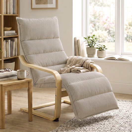 Curved wooden accent armchair with cushioned back and light fabric reclined seat