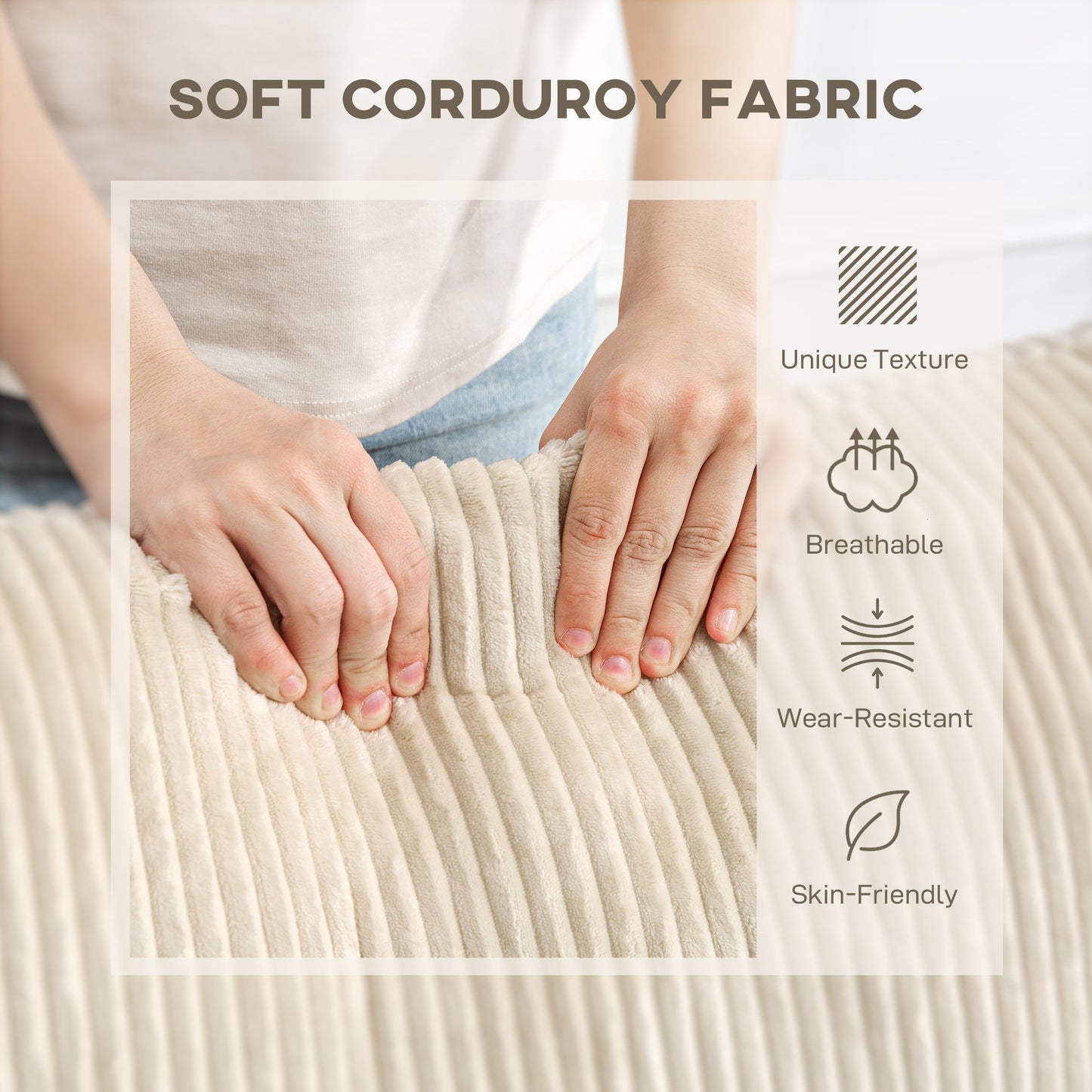 HOMCOM Modern 3 Seater Sofa With Spring Cushion 212 cm Corduroy Fabric Sofa With 2 Scatter Cushions Cream White