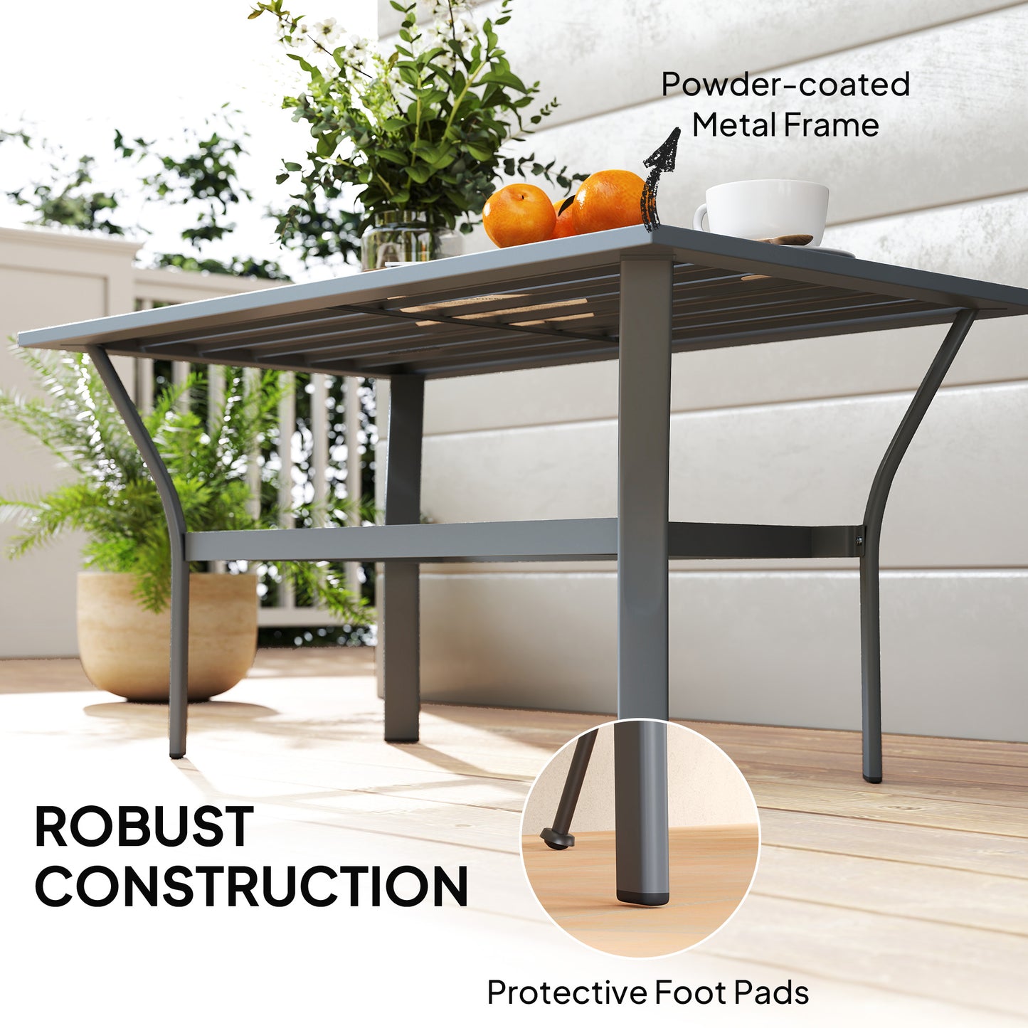 Outsunny Metal Garden Coffee Table Rectangular Outdoor Side Table With Slatted Tabletop 91.5 x 55 x 45 cm Dark Grey
