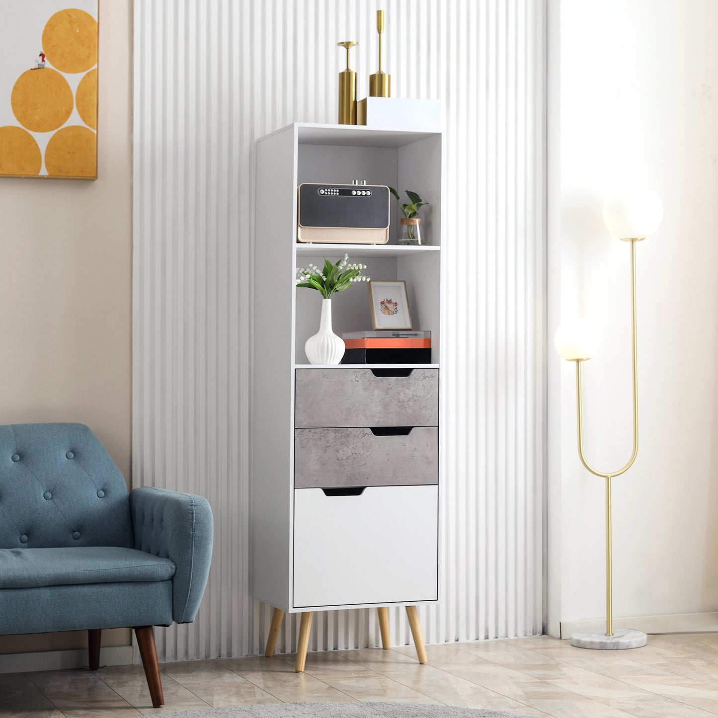 HOMCOM Modern Free Standing Storage Cabinet with 3 Drawers and 2 Shelves, Stylish Accent Furniture for Bedroom and Living Spaces, Light Grey Finish - ALL4U RETAILER LTD