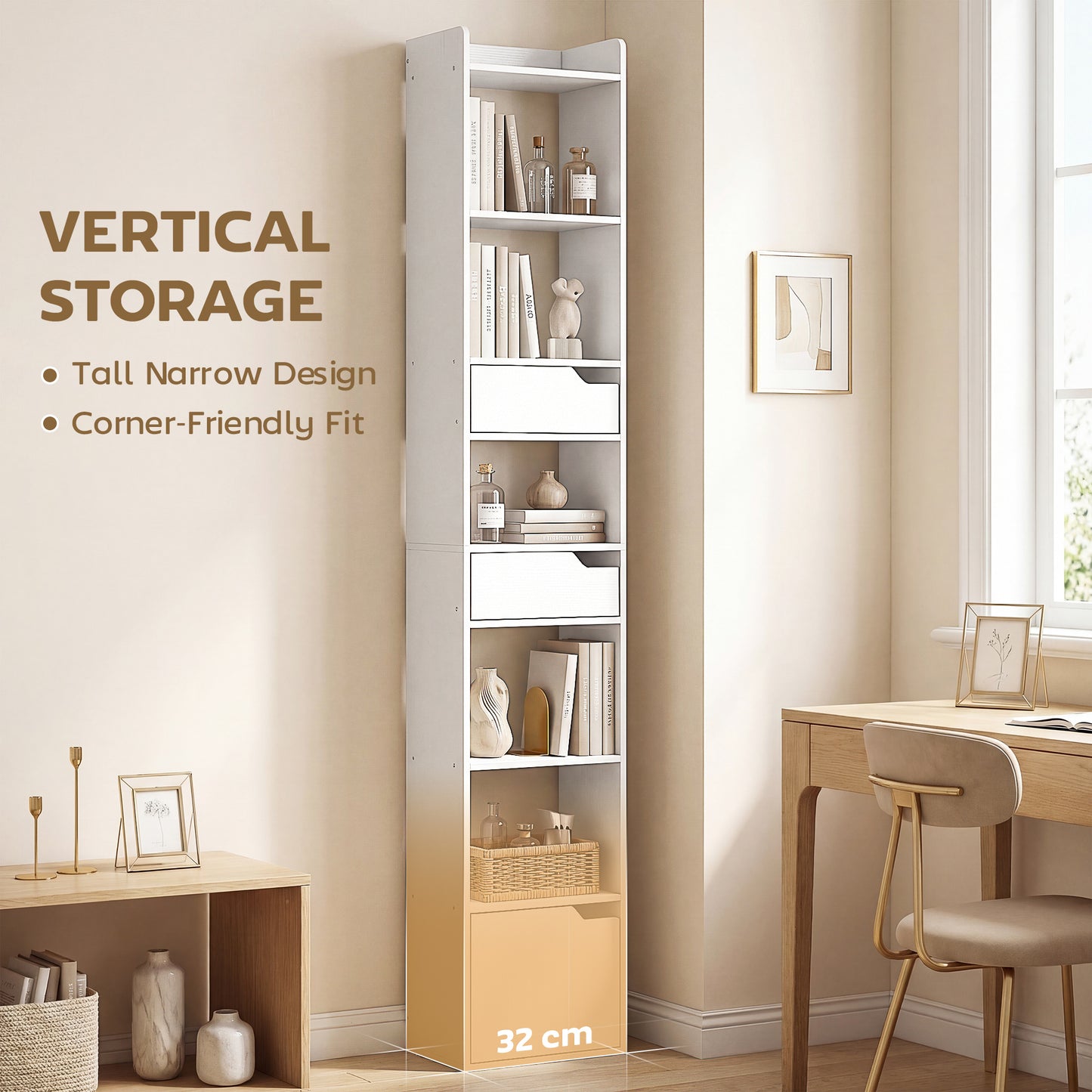 HOMCOM Tall Narrow Bookcase With 5 Tiers And Drawers Freestanding White Wood Effect Living Room Storage Cabinet
