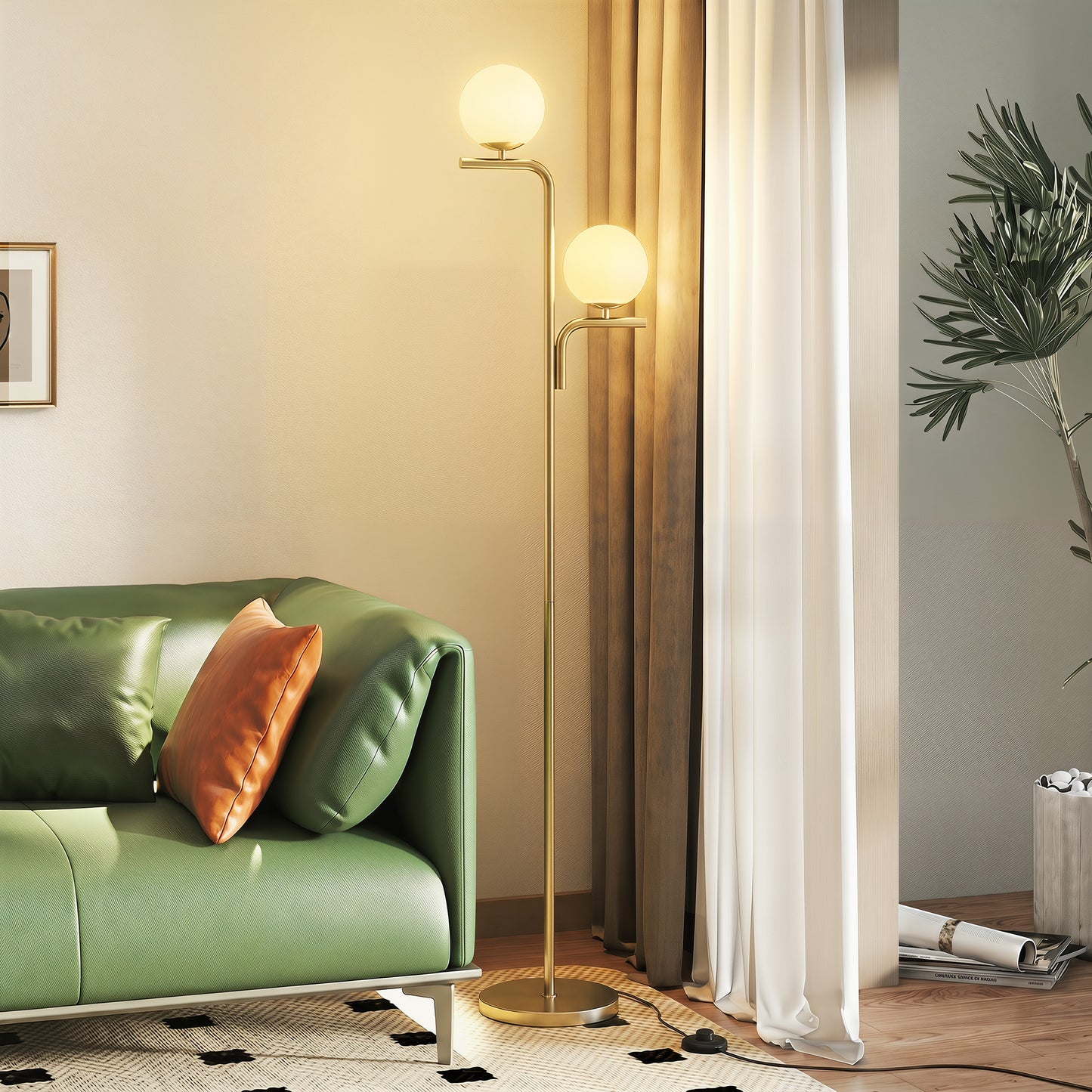HOMCOM LED Floor Lamp Three Colour Temperatures Modern Standing Lamp With Globe Glass Shades And Foot Switch Gold Tone