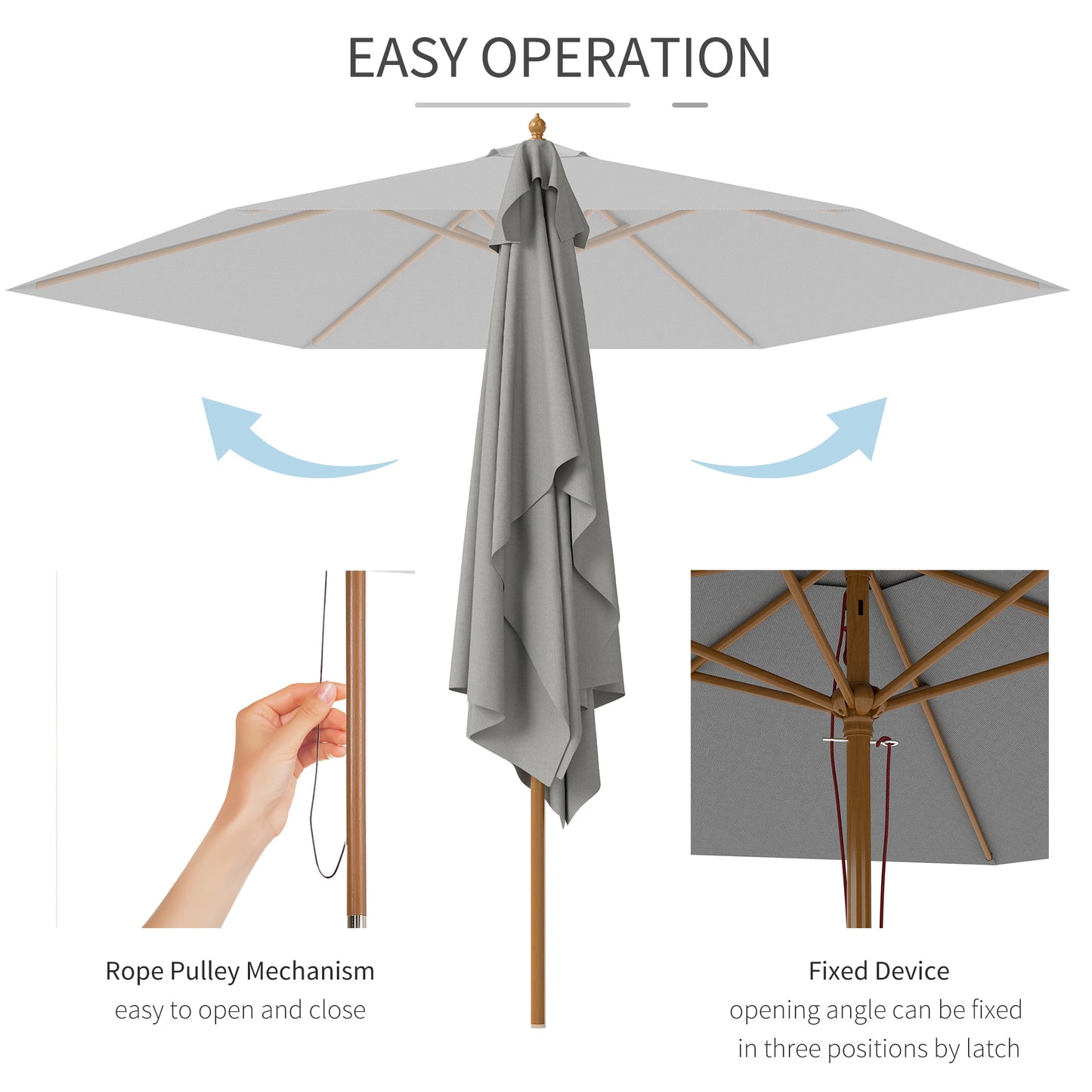 Outsunny 2.5m Wood Garden Parasol Patio Outdoor Umbrella With Vent 38mm Pole Light Grey Rope Pulley Mechanism