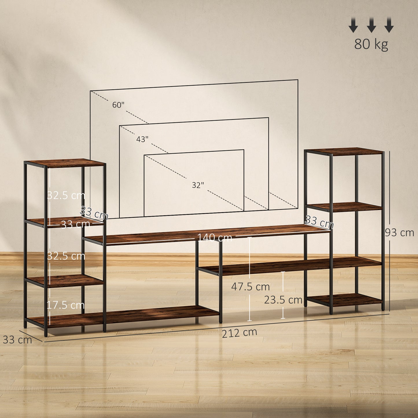 HOMCOM TV Unit For TVs Up To 60 Inches Industrial TV Stand With Storage Shelves Entertainment Centre Living Room Bedroom