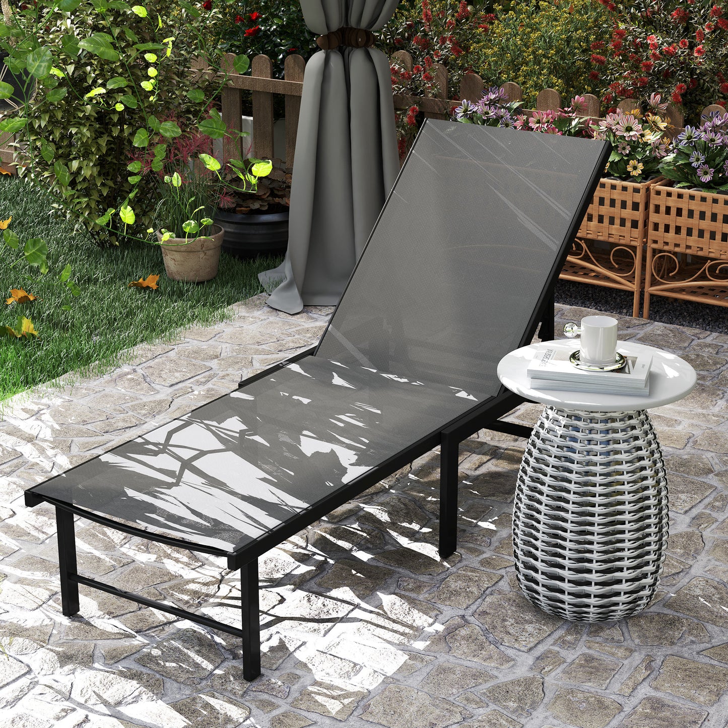 Outsunny Reclining Sun Lounger Grey Adjustable Five Positions Breathable Textiline Seat Powder Coated Steel Frame