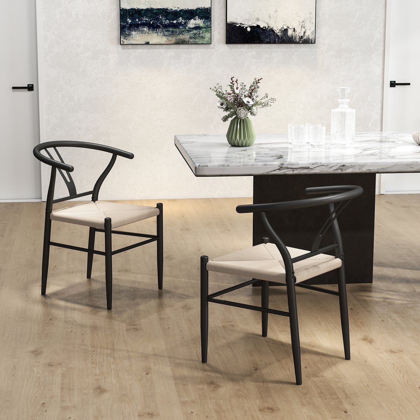 HOMCOM Set Of Two Weave Dining Chairs With Y Shaped Backrest And Hemp Seat Black And Beige