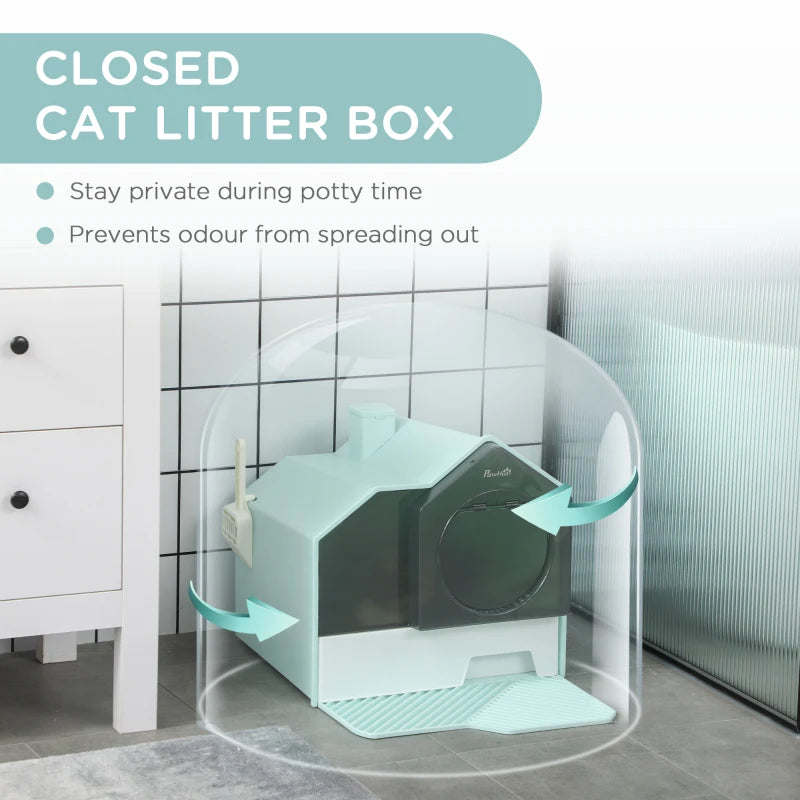 PawHut Hooded Cat Litter Tray with Scoop, Drawer Pan, Handle, Deodorants - Light Blue - ALL4U RETAILER LTD