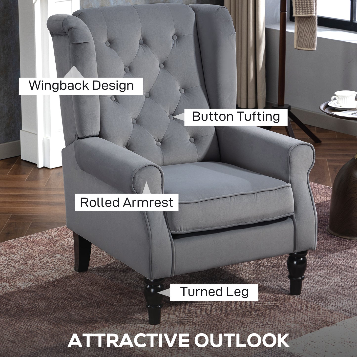 HOMCOM Wingback Accent Chair Retro Upholstered Button Tufted Occasional Chair for Living Room and Bedroom Light Grey