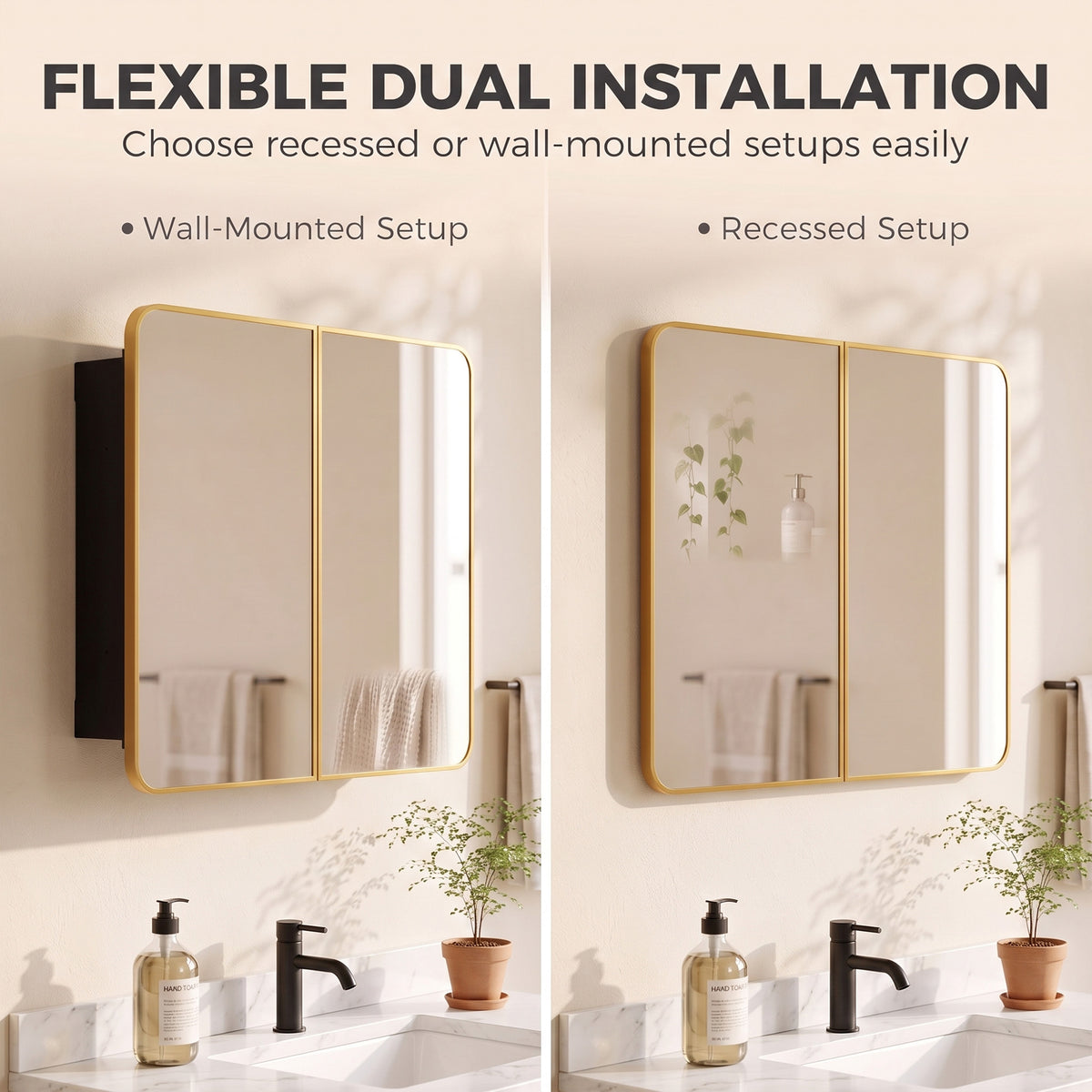 Gold-tone mirror cabinet shown in wall-mounted and recessed-style setups