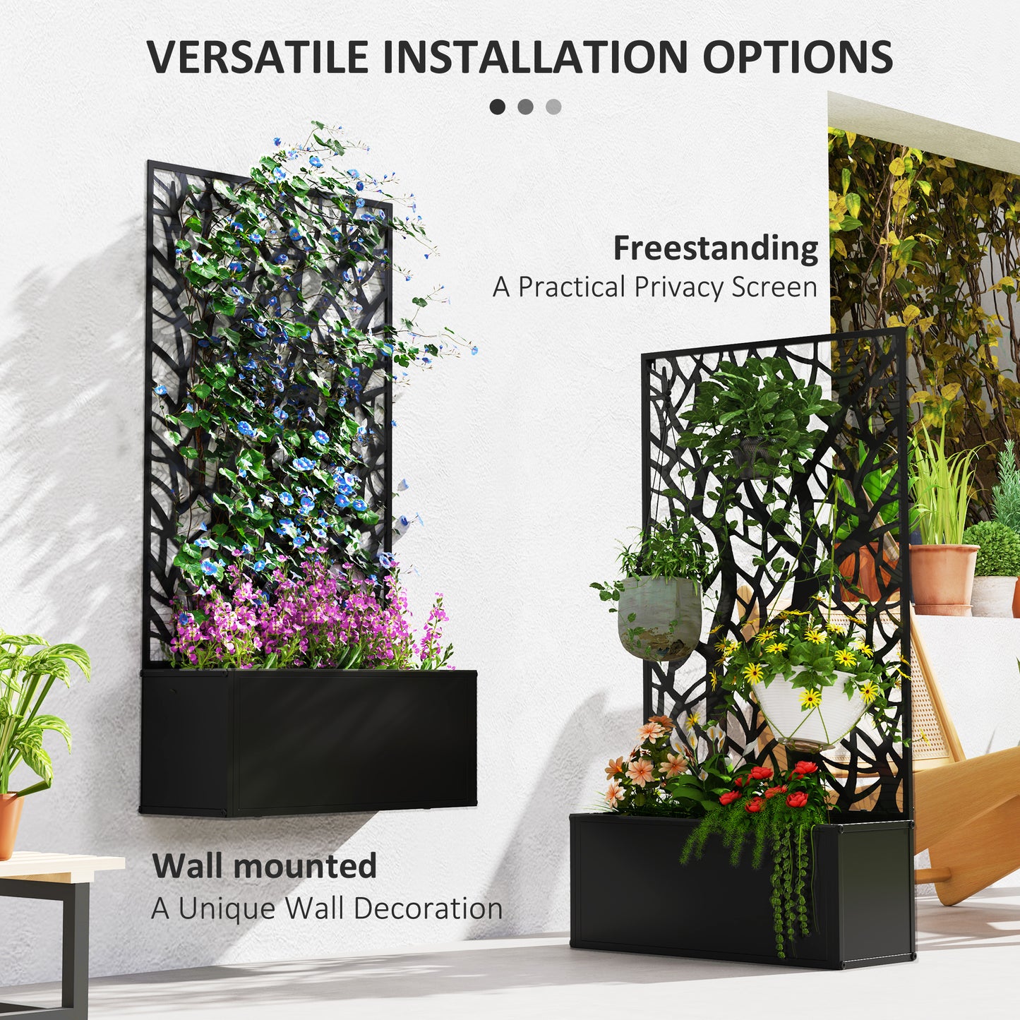 Outsunny Outdoor Metal Planter With Back Trellis Black Garden Box 23x58cm For Climbing Vines Holds 32L Soil