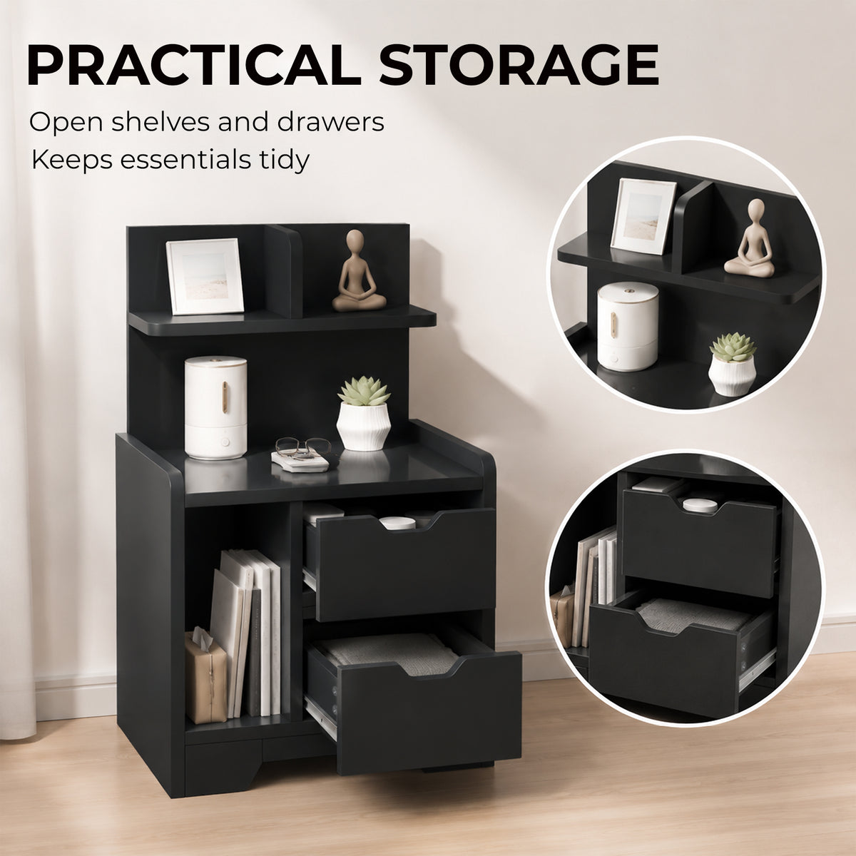 HOMCOM Black Wood Effect Bedside Table With Drawers And Shelf