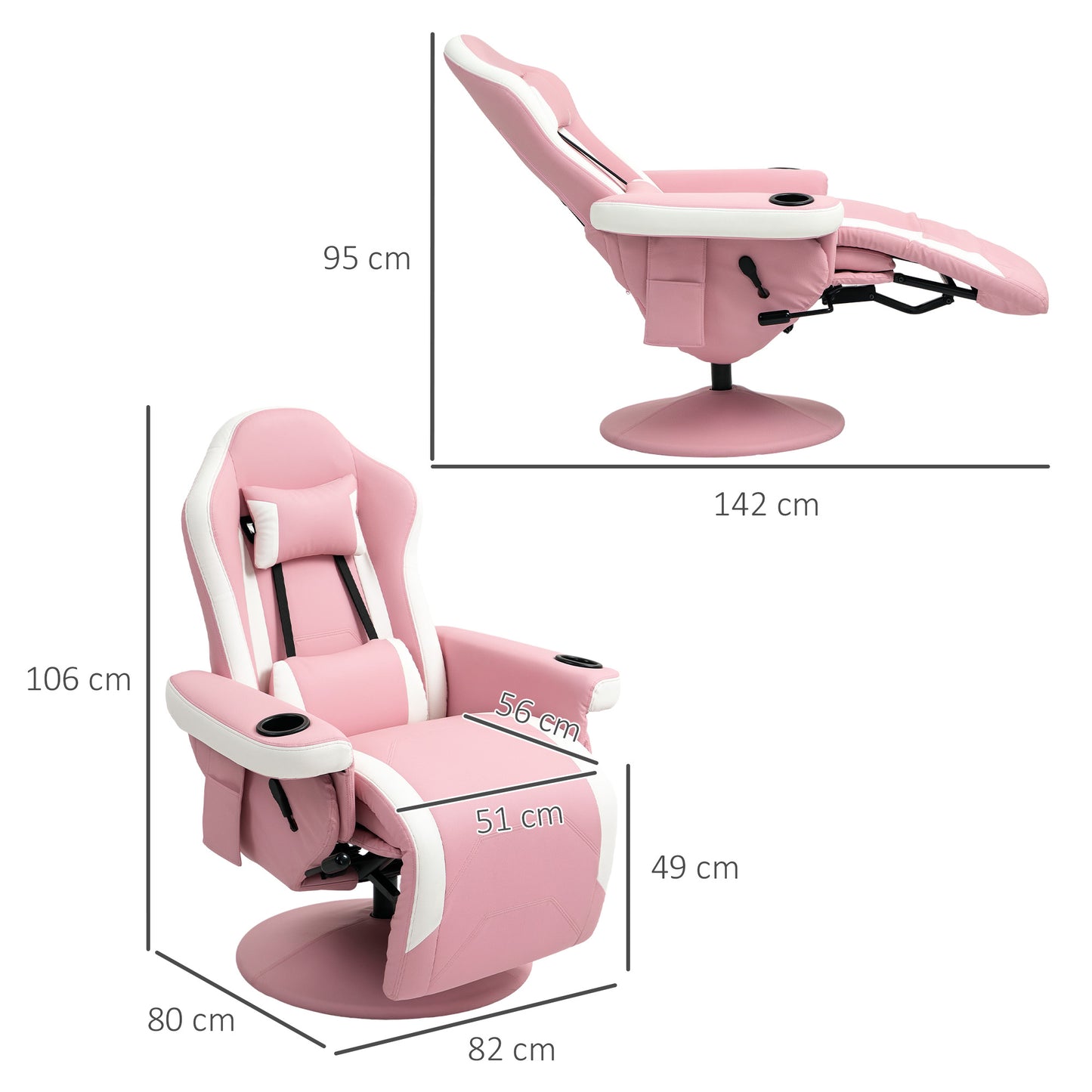 HOMCOM Manual Recliner Armchair With PU Leather 360 Degree Swivel Adjustable Leg Rest 135 Degree Recline Pink