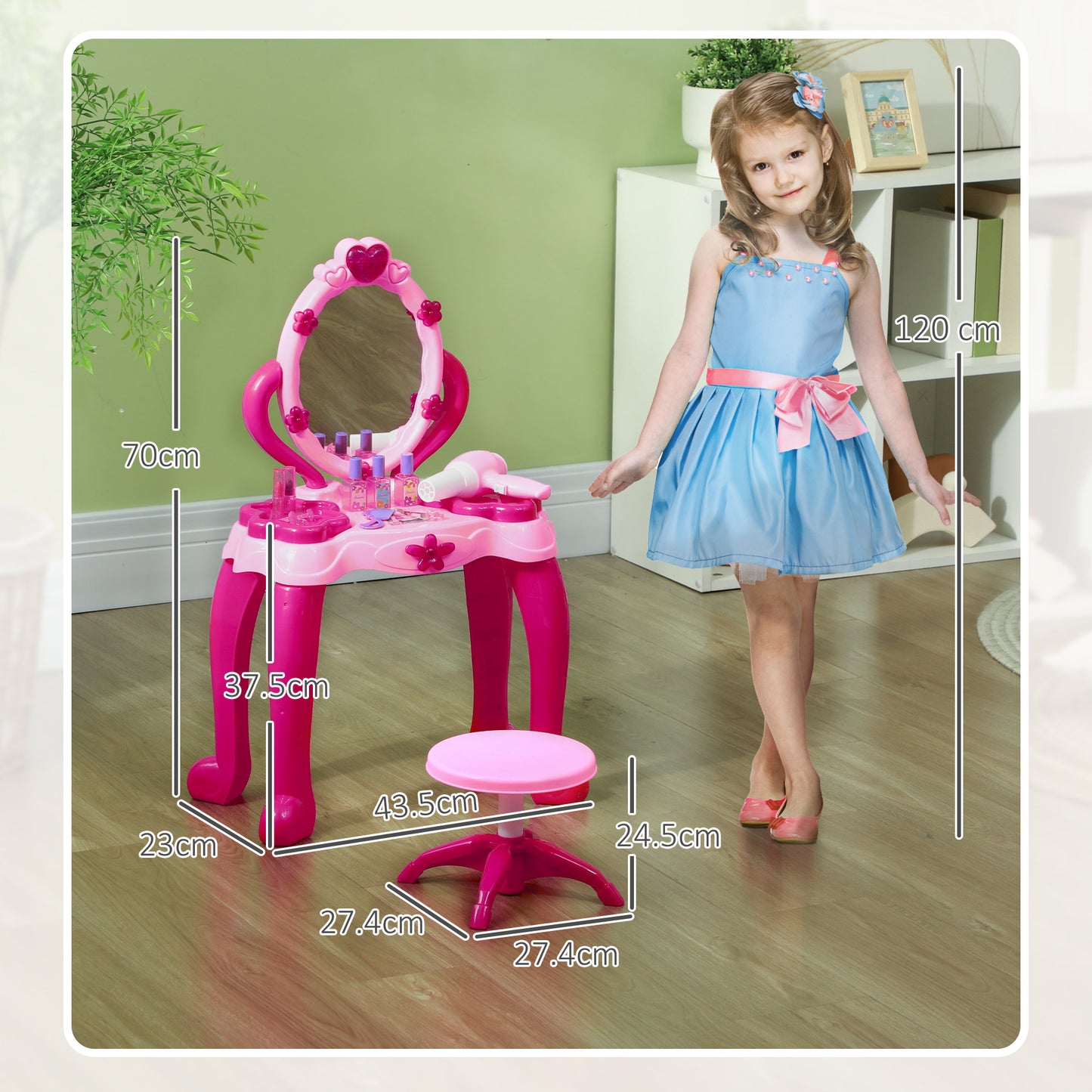 AIYAPLAY Pink Kids Vanity Set with Interactive Mirror, Music, and Accessories for Ages 3-6