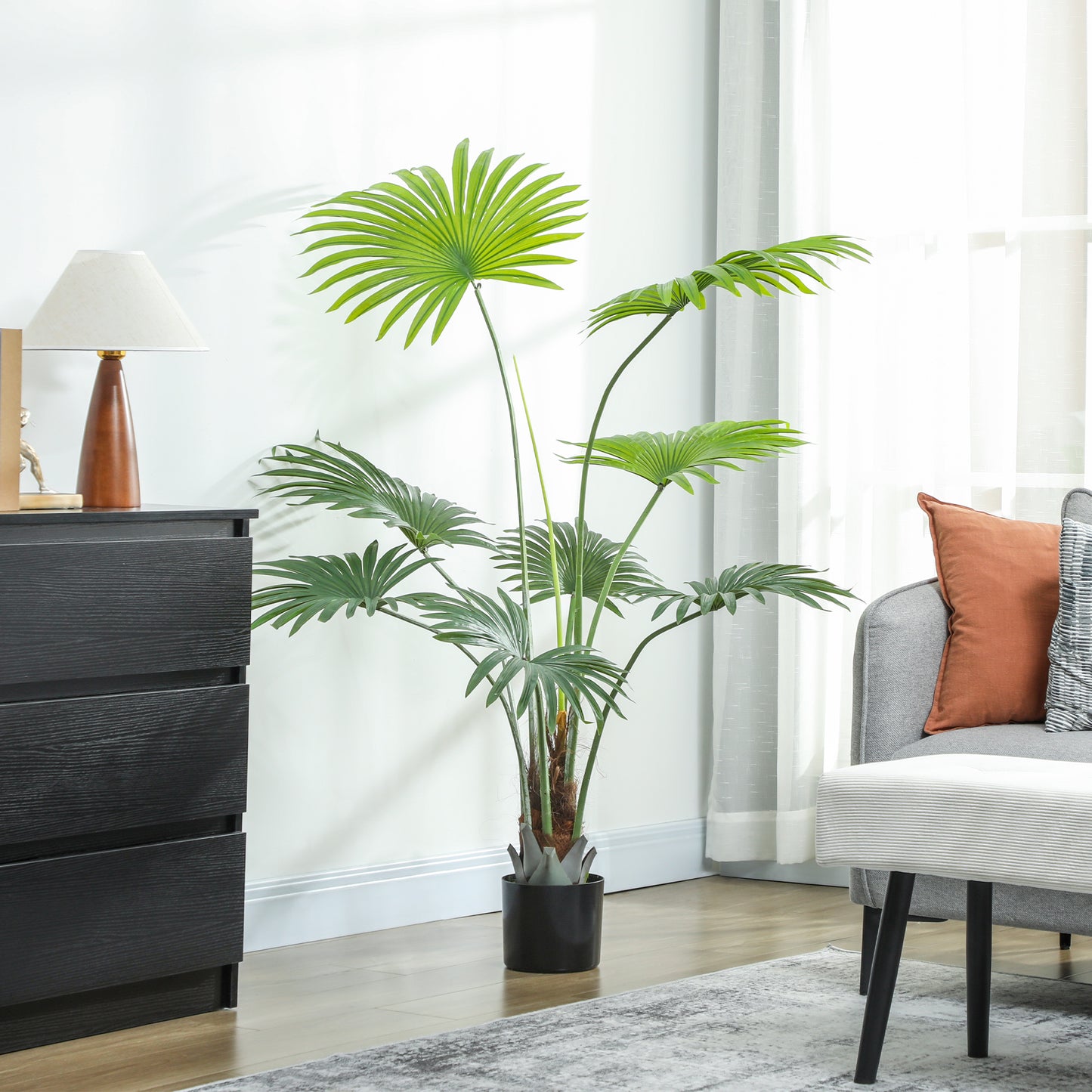 HOMCOM 145cm Artificial Palm Tree With Lifelike PEVA Leaves And Coconut Coir In Plastic Pot For Home Office Decor Green
