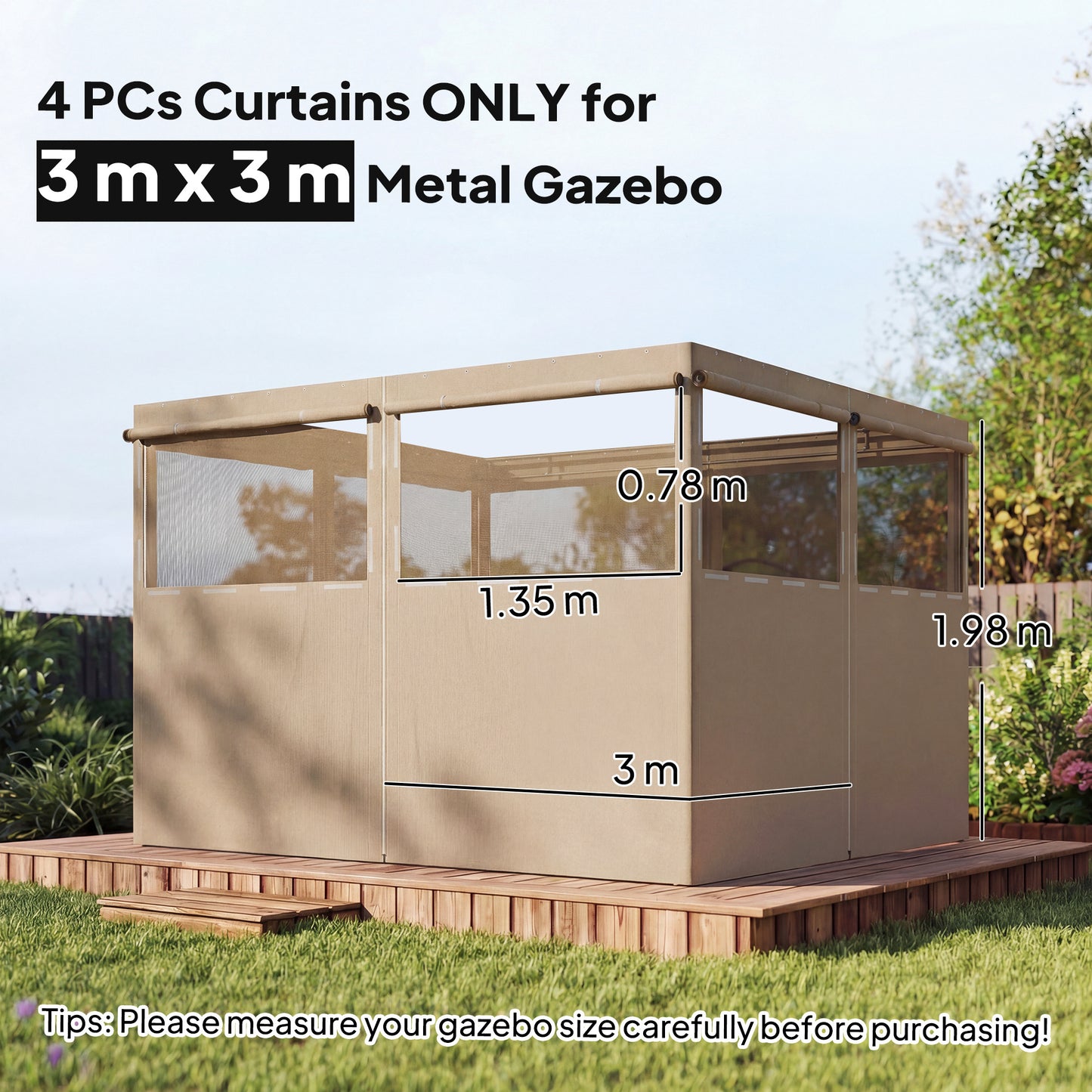 Outsunny 4 Pack Replacement Gazebo Curtains For 3x3m Gazebo Privacy Panels Khaki UPF30 Polyester