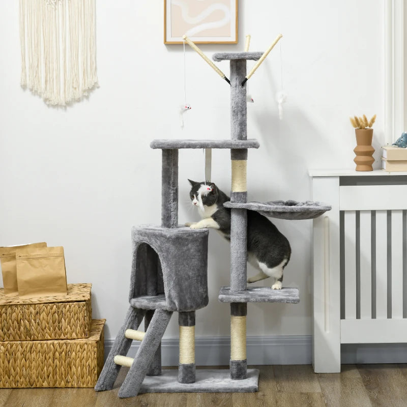 PawHut Cat Scratching Post Cat Tree Climbing Tower with Ladder, Kitty Activity Centre, 135cm Grey - Indoor Cats Scratcher - ALL4U RETAILER LTD