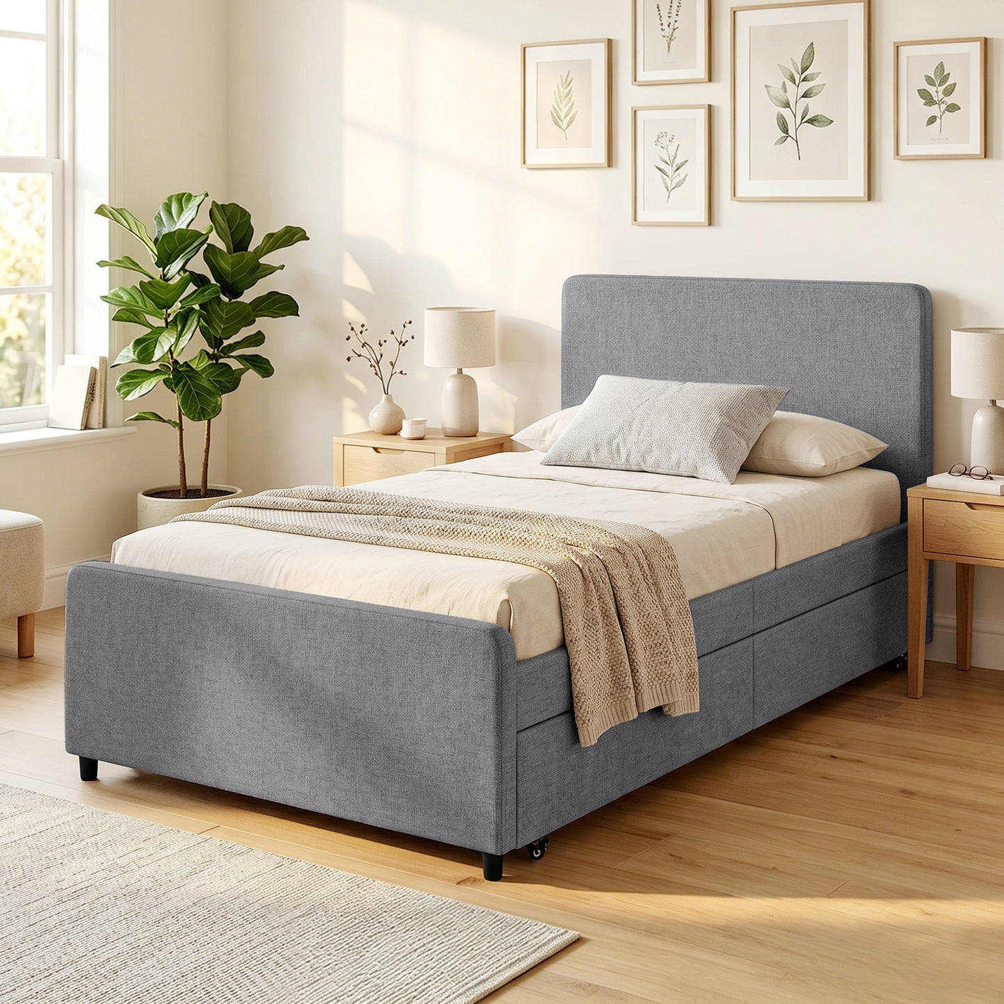 HOMCOM 3 Foot Single Bed Frame With Upholstered Pull Out Trundle Bed Headboard And Footboard Dark Grey