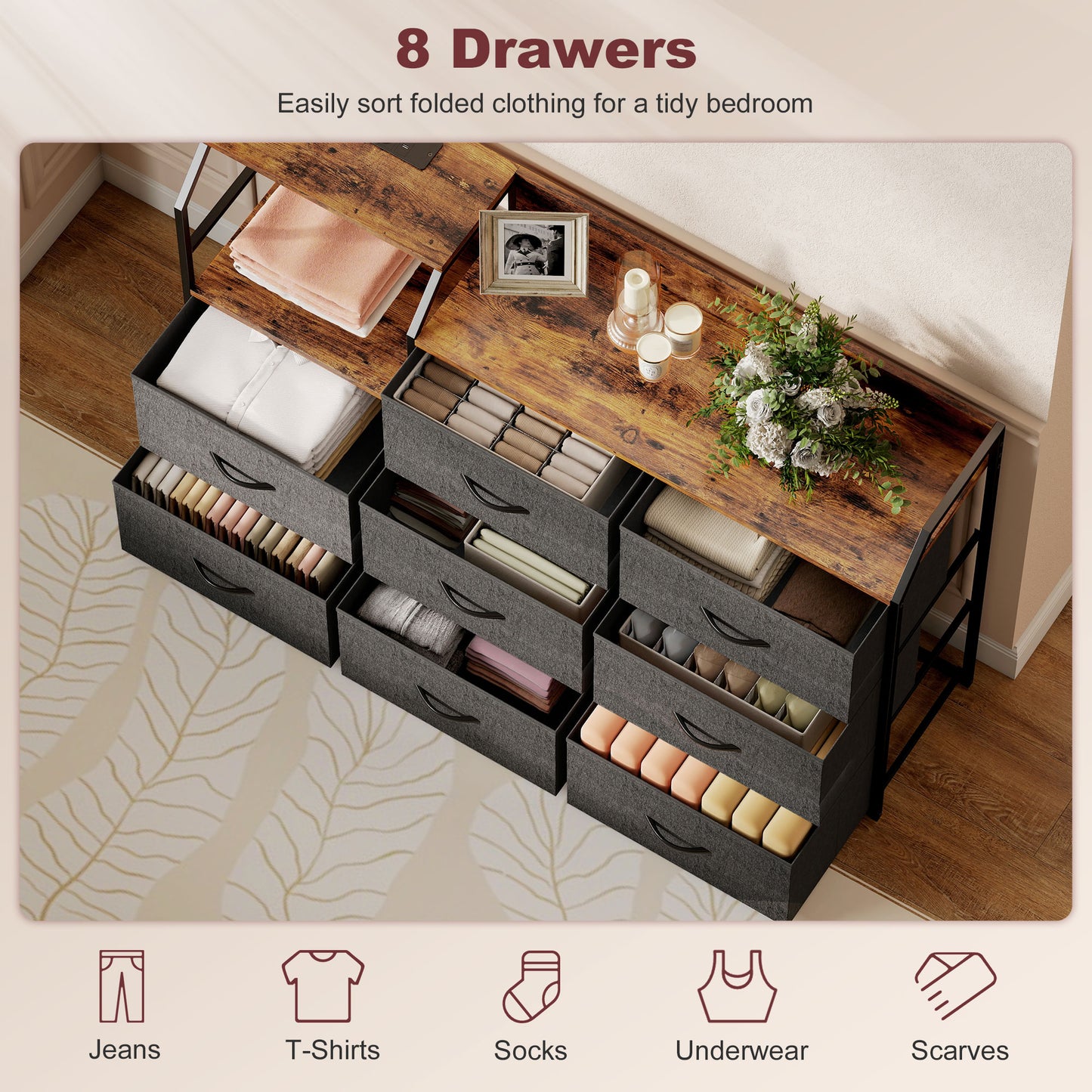 HOMCOM Chest Of Eight Drawers With Charging Station Brown And Black Fabric Dresser