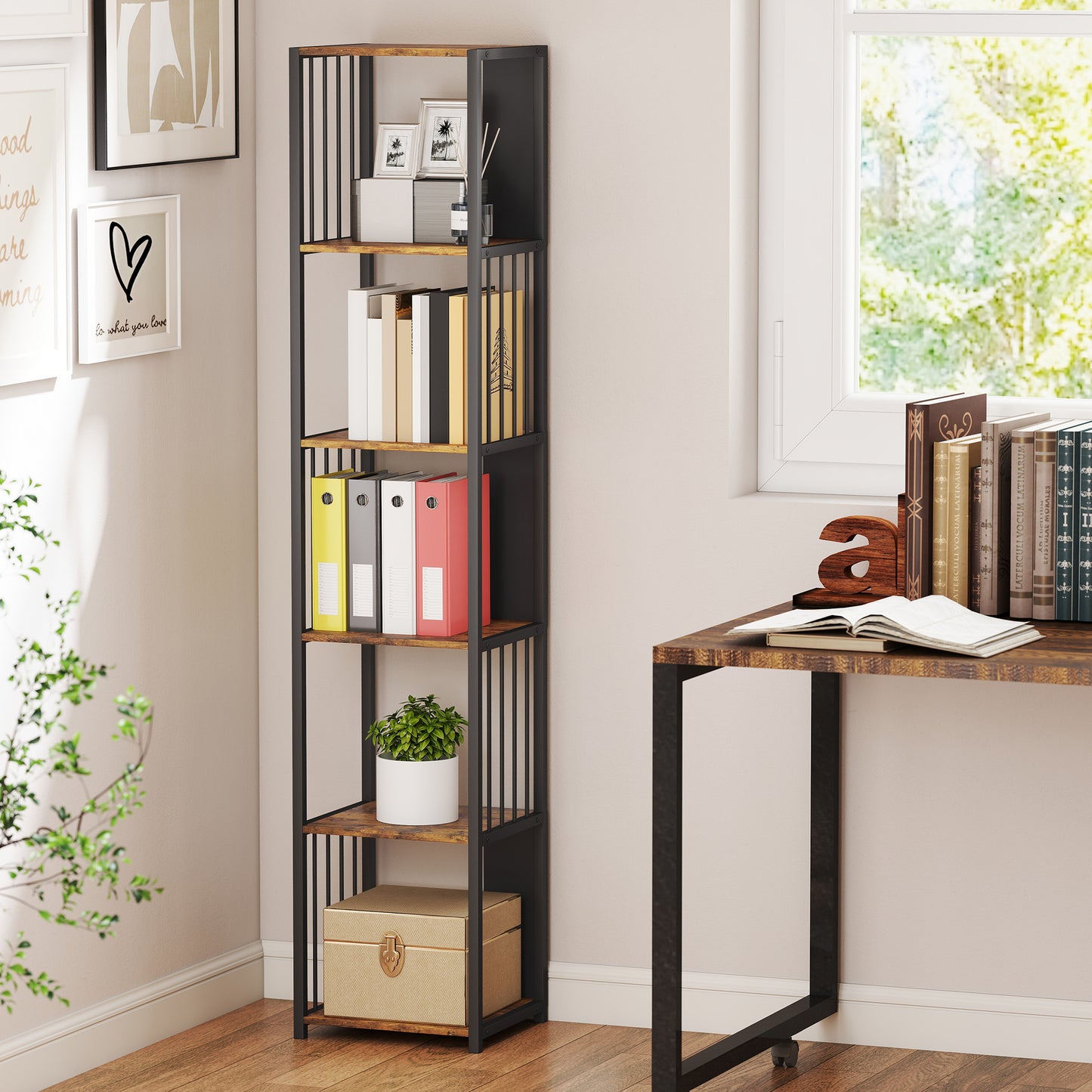 HOMCOM 5 Tier Bookshelf With Steel Frame Rustic Brown Wood Effect Five Open Shelves Anti Tip Straps 60 Kg Capacity